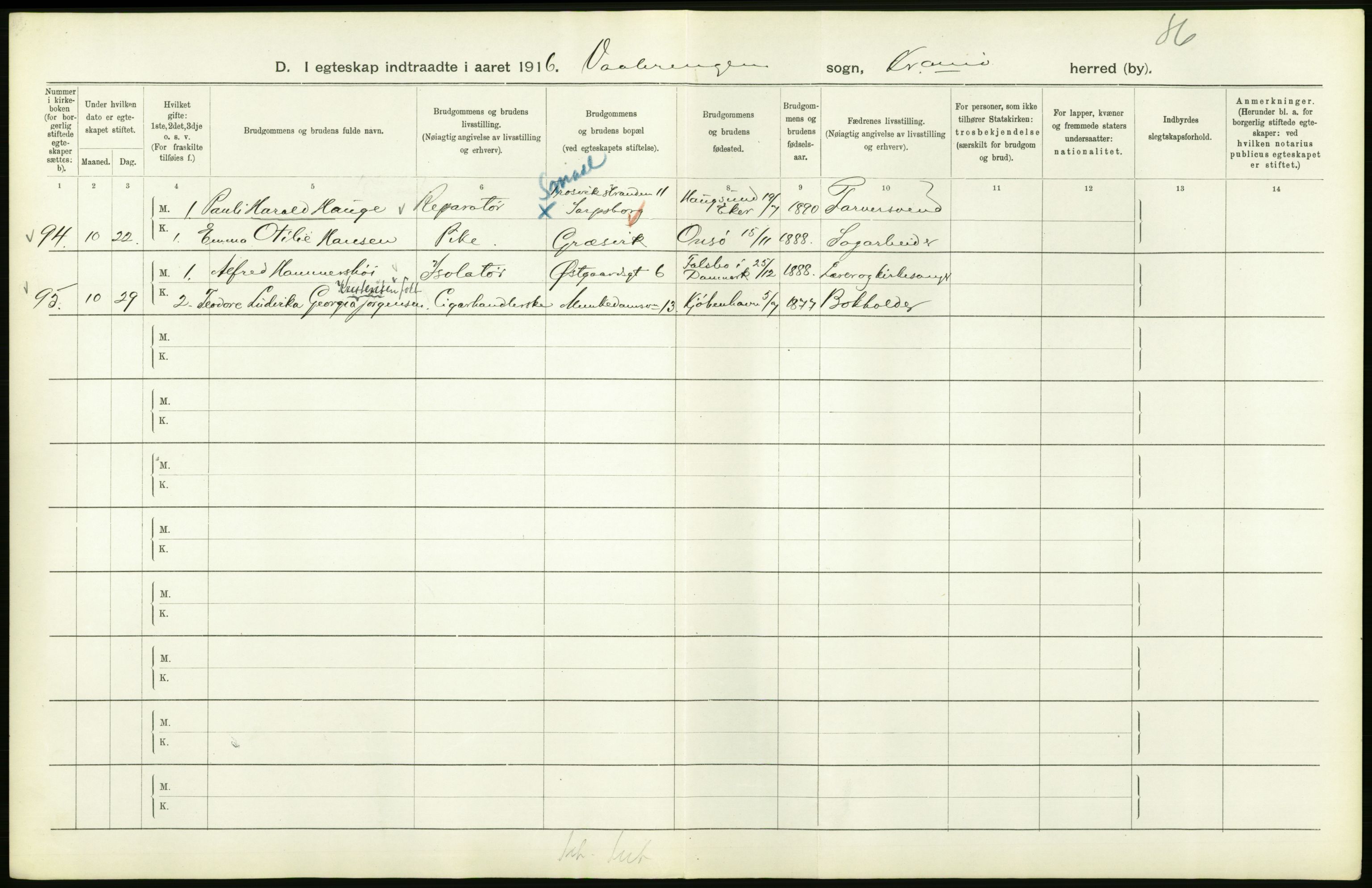 Statistisk sentralbyrå, Sosiodemografiske emner, Befolkning, RA/S-2228/D/Df/Dfb/Dfbf/L0008: Kristiania: Gifte, 1916, p. 814