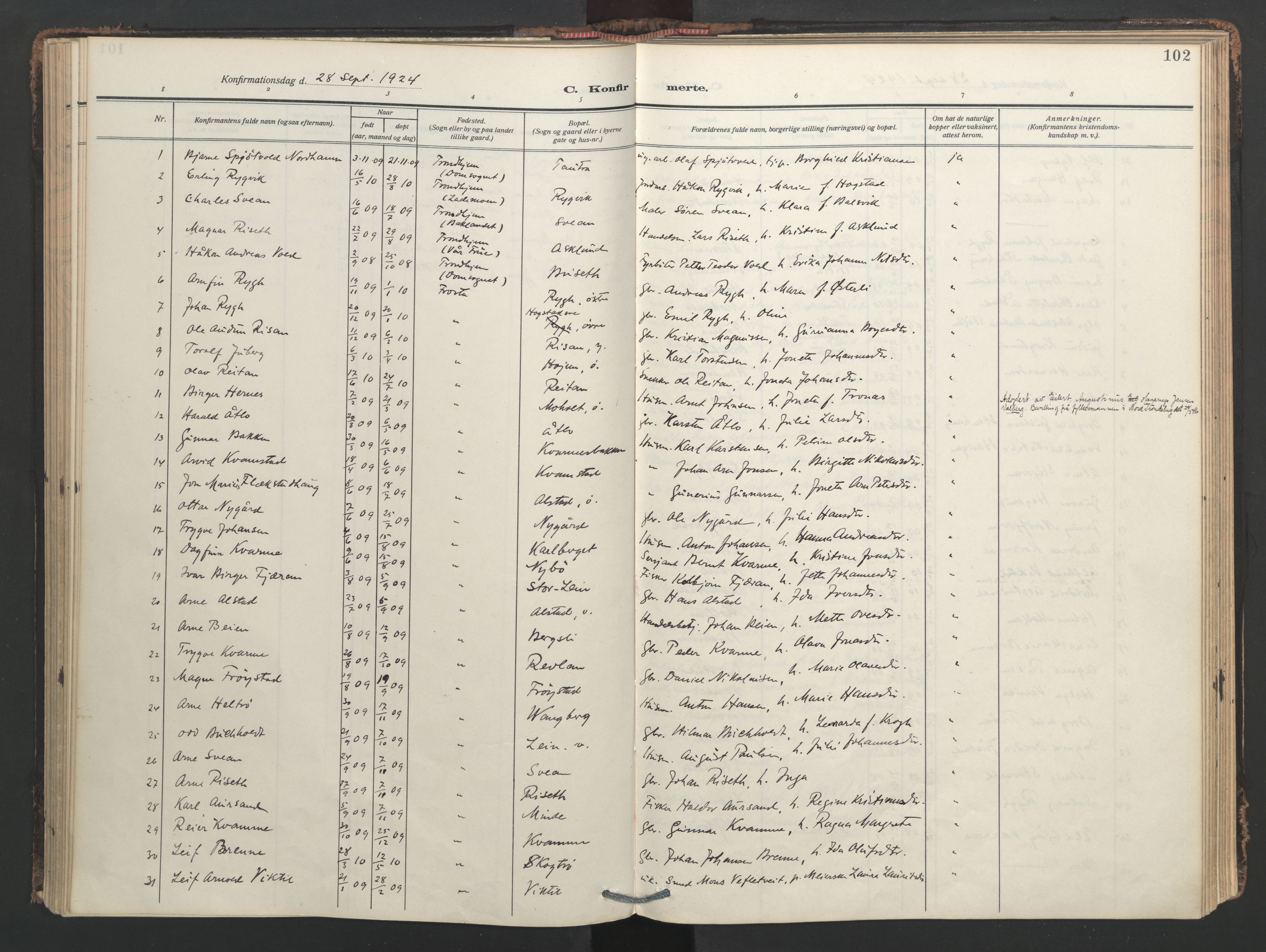 Ministerialprotokoller, klokkerbøker og fødselsregistre - Nord-Trøndelag, SAT/A-1458/713/L0123: Parish register (official) no. 713A12, 1911-1925, p. 102
