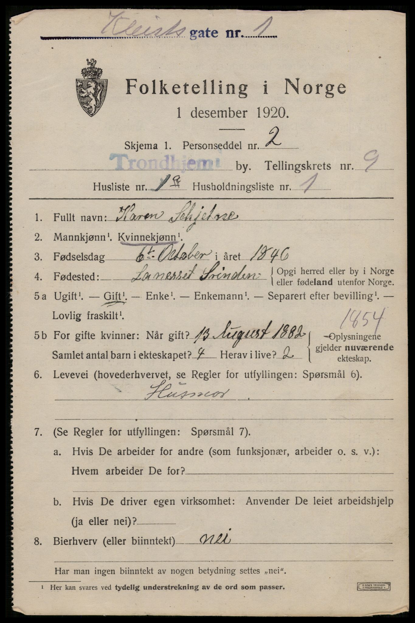 SAT, 1920 census for Trondheim, 1920, p. 43720