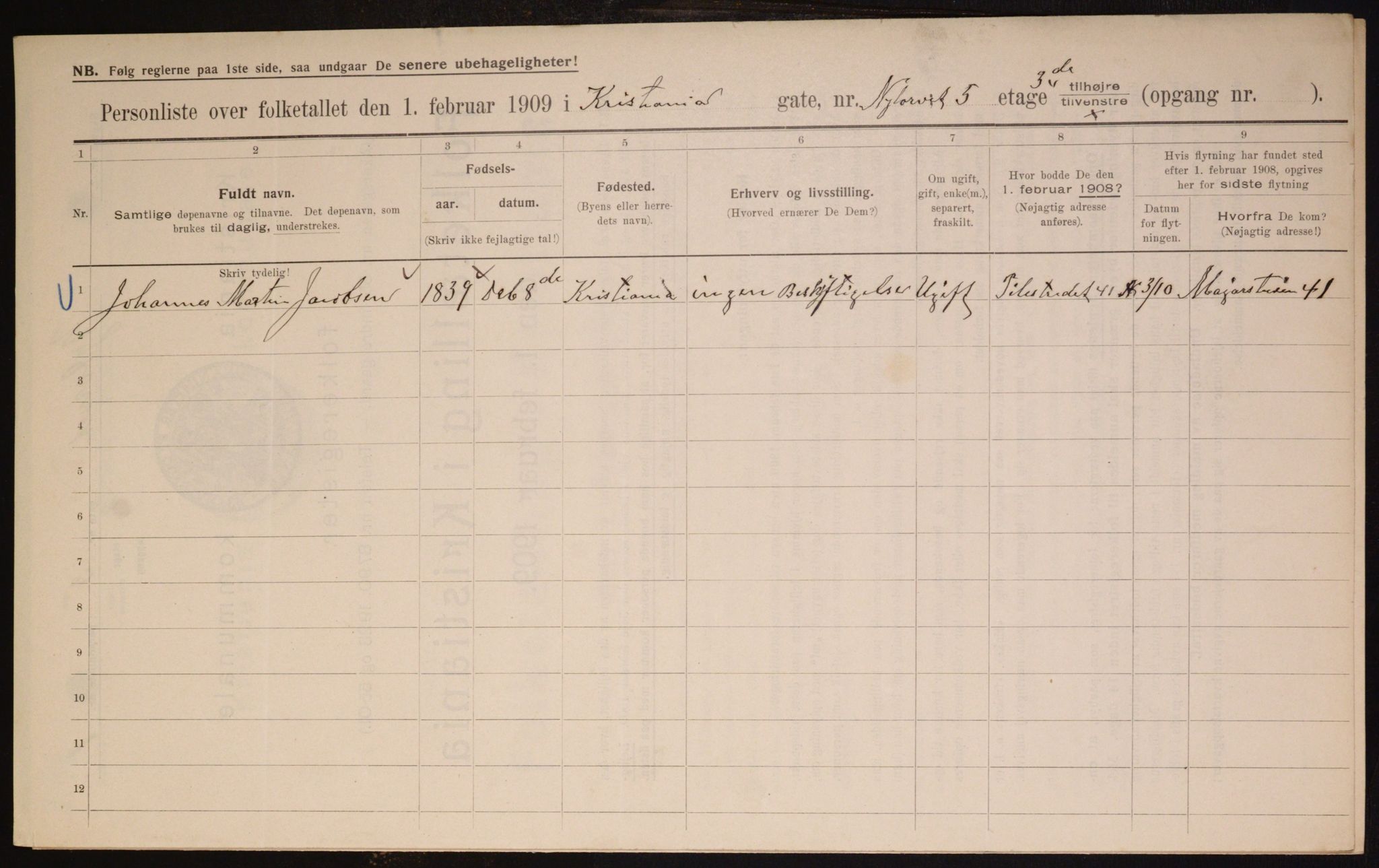 OBA, Municipal Census 1909 for Kristiania, 1909, p. 67176