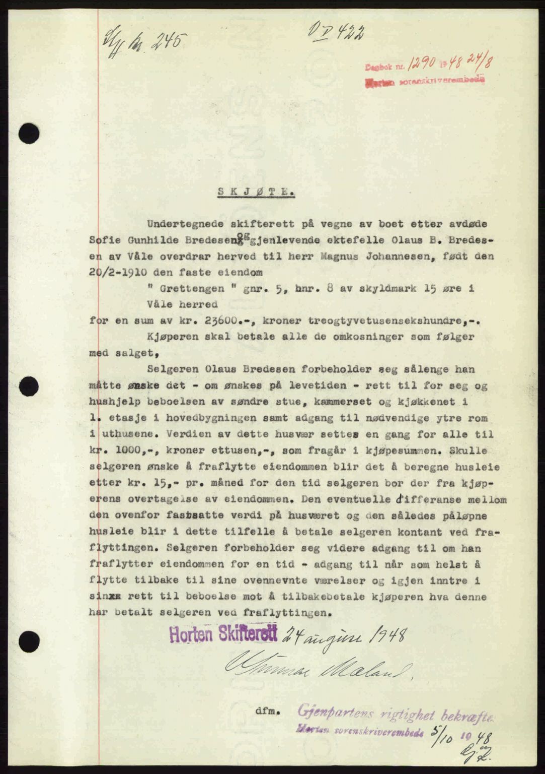 Horten sorenskriveri, AV/SAKO-A-133/G/Ga/Gaa/L0010: Mortgage book no. A-10, 1947-1948, Diary no: : 1290/1948