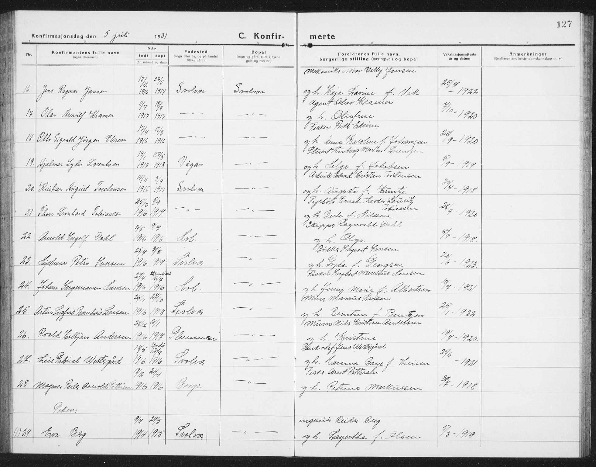 Ministerialprotokoller, klokkerbøker og fødselsregistre - Nordland, AV/SAT-A-1459/877/L1117: Parish register (copy) no. 877C01, 1923-1942, p. 127