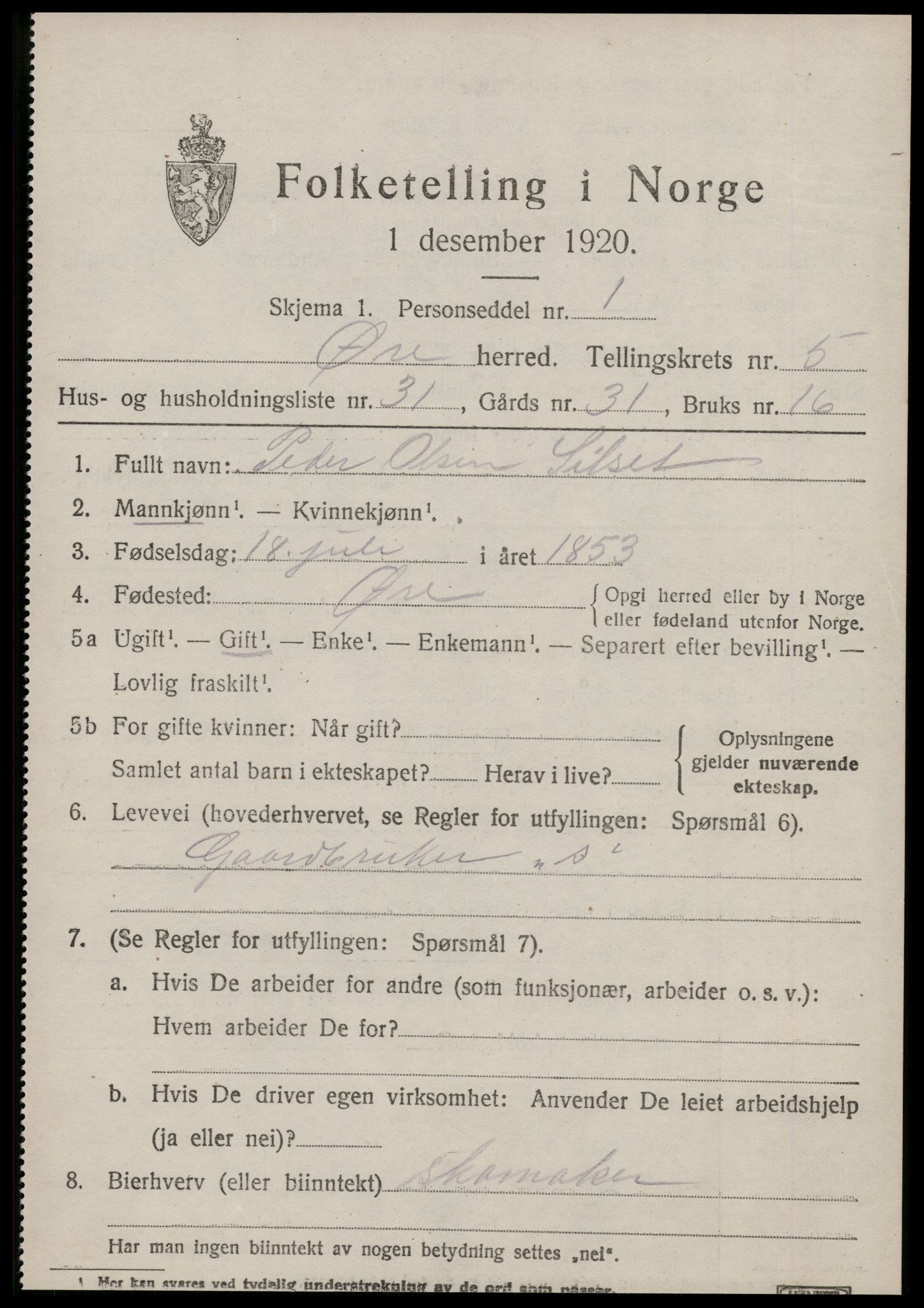 SAT, 1920 census for Øre, 1920, p. 3036