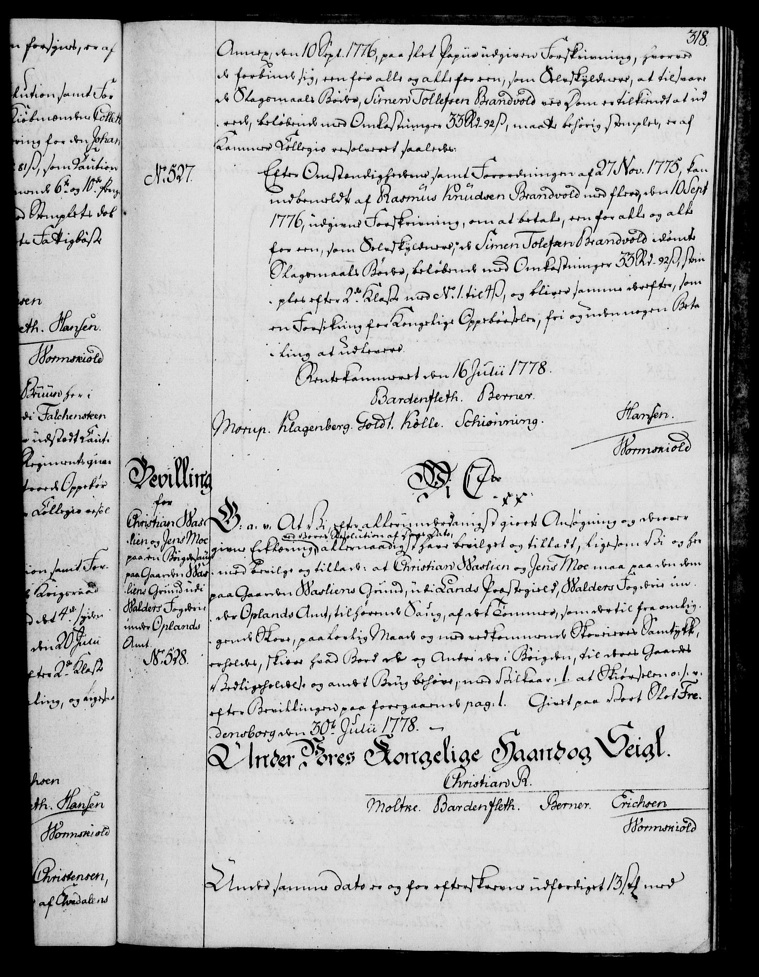 Rentekammeret, Kammerkanselliet, RA/EA-3111/G/Gg/Gga/L0010: Norsk ekspedisjonsprotokoll med register (merket RK 53.10), 1773-1778, p. 318