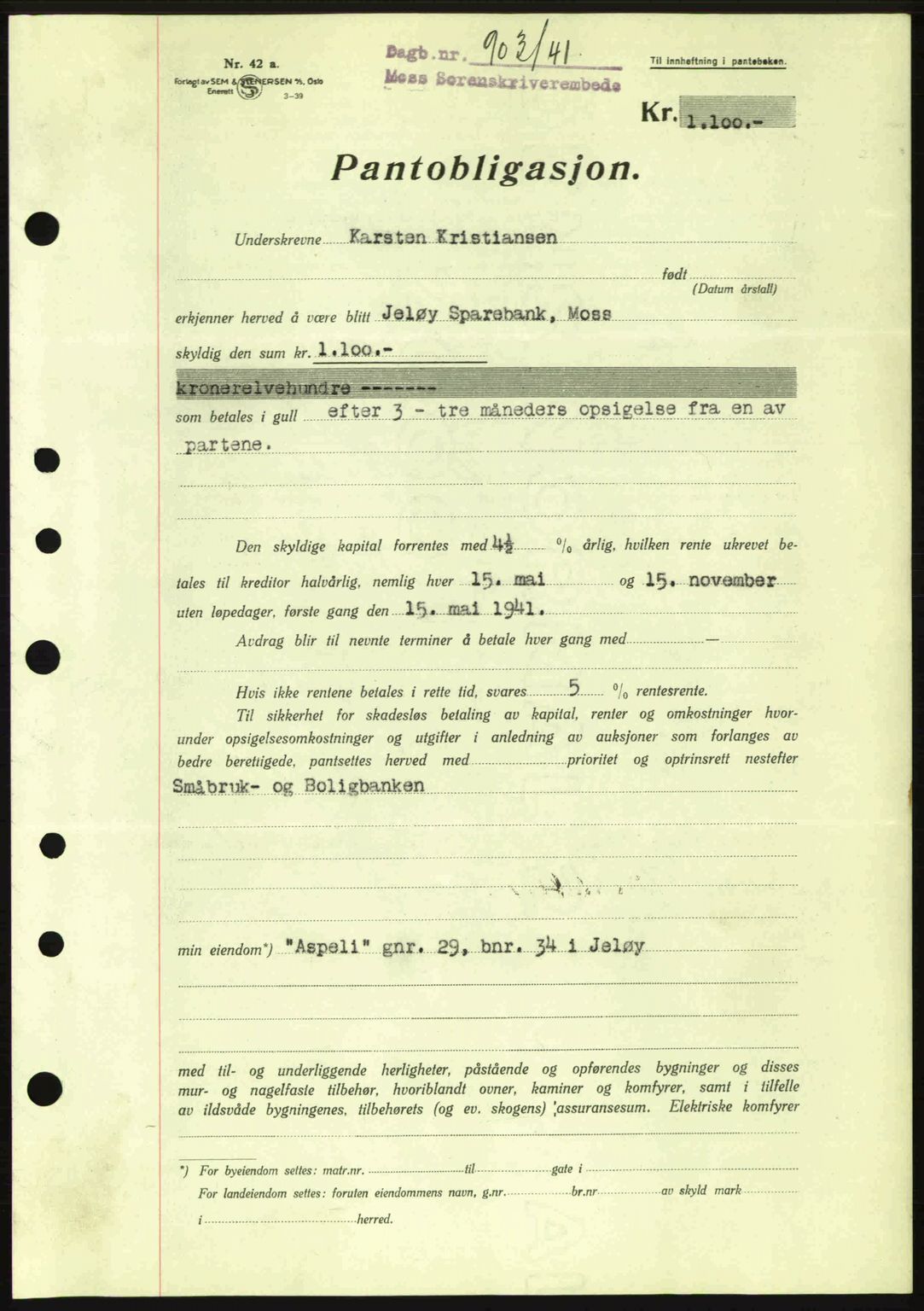 Moss sorenskriveri, SAO/A-10168: Mortgage book no. B10, 1940-1941, Diary no: : 903/1941