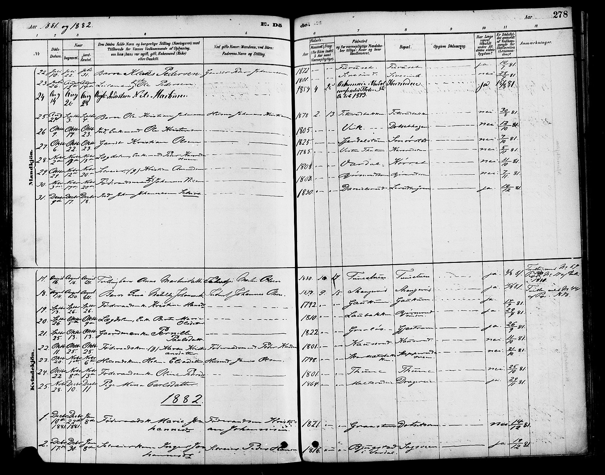 Vestre Toten prestekontor, SAH/PREST-108/H/Ha/Haa/L0009: Parish register (official) no. 9, 1878-1894, p. 278