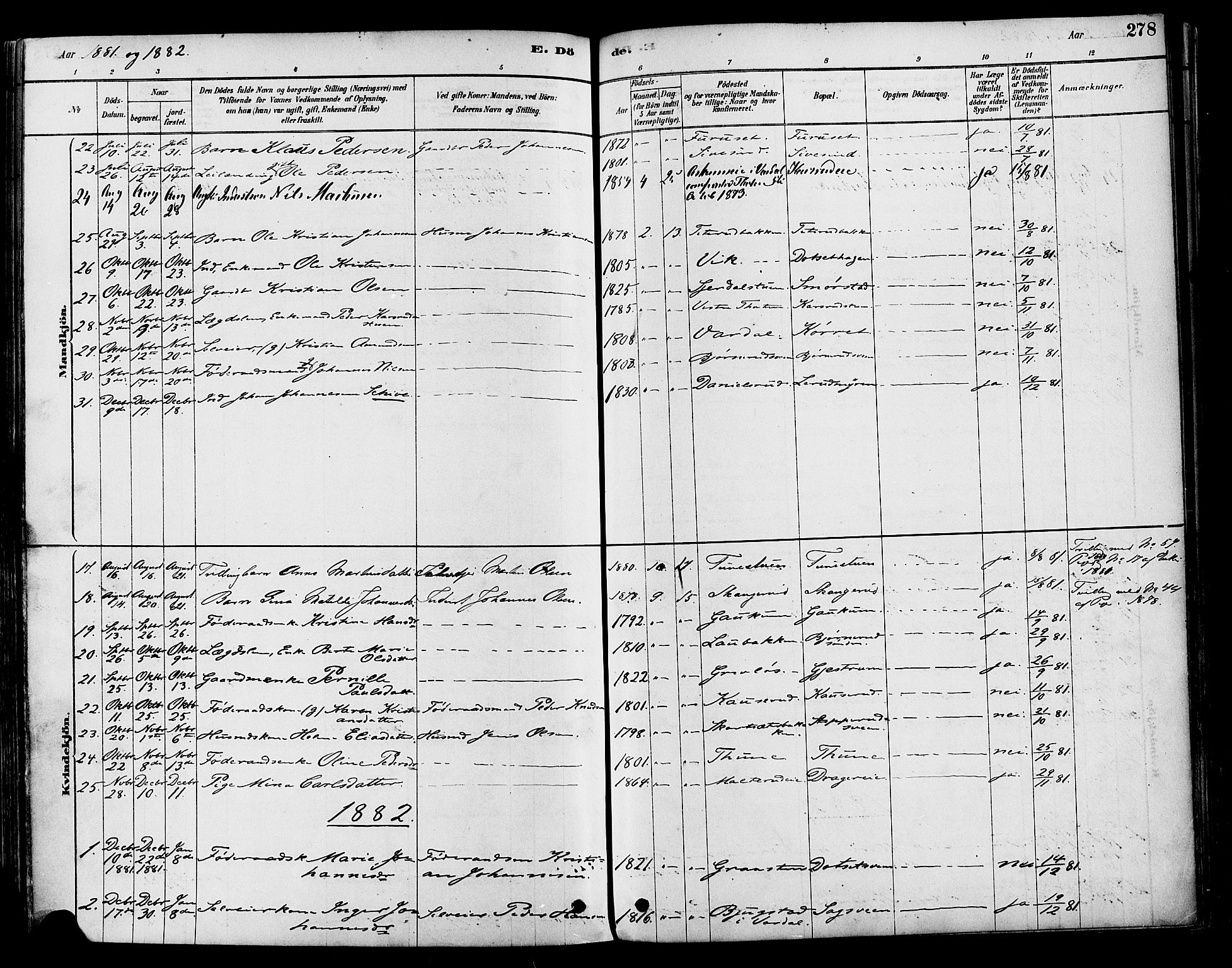 Vestre Toten prestekontor, AV/SAH-PREST-108/H/Ha/Haa/L0009: Parish register (official) no. 9, 1878-1894, p. 278