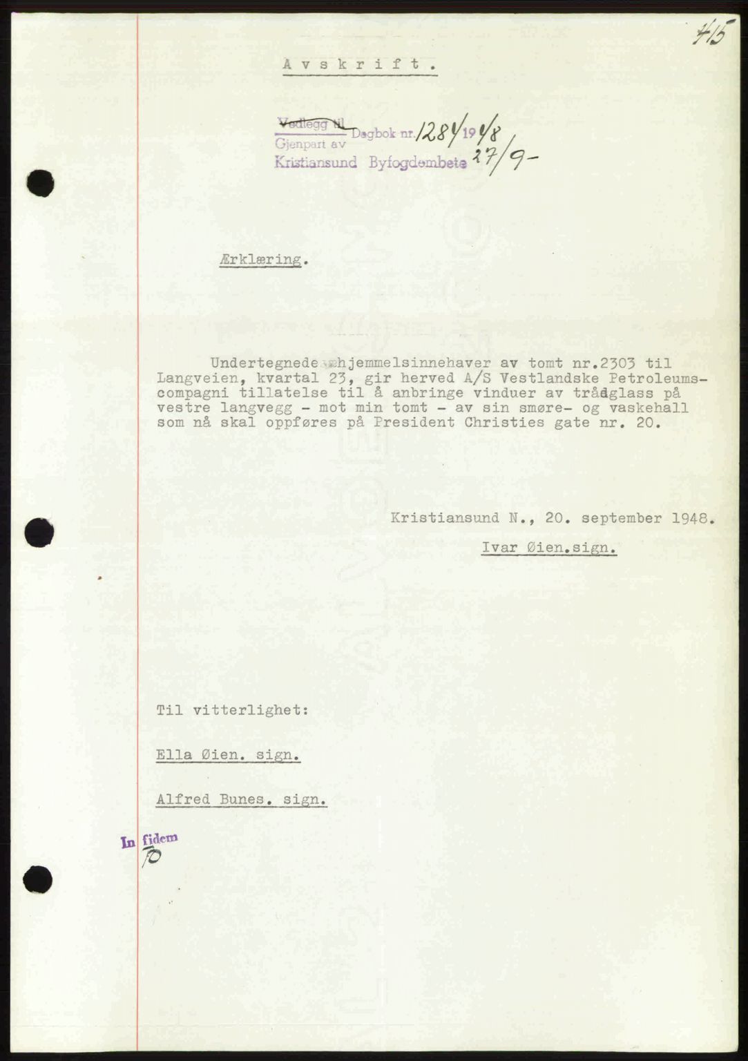 Kristiansund byfogd, AV/SAT-A-4587/A/27: Mortgage book no. 44, 1947-1948, Diary no: : 1284/1948