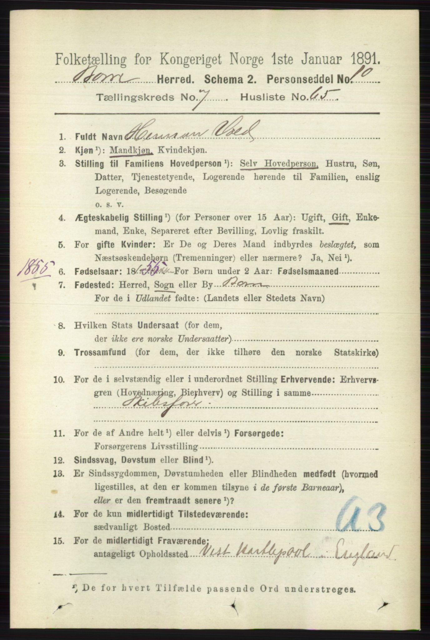 RA, 1891 census for 0717 Borre, 1891, p. 3577