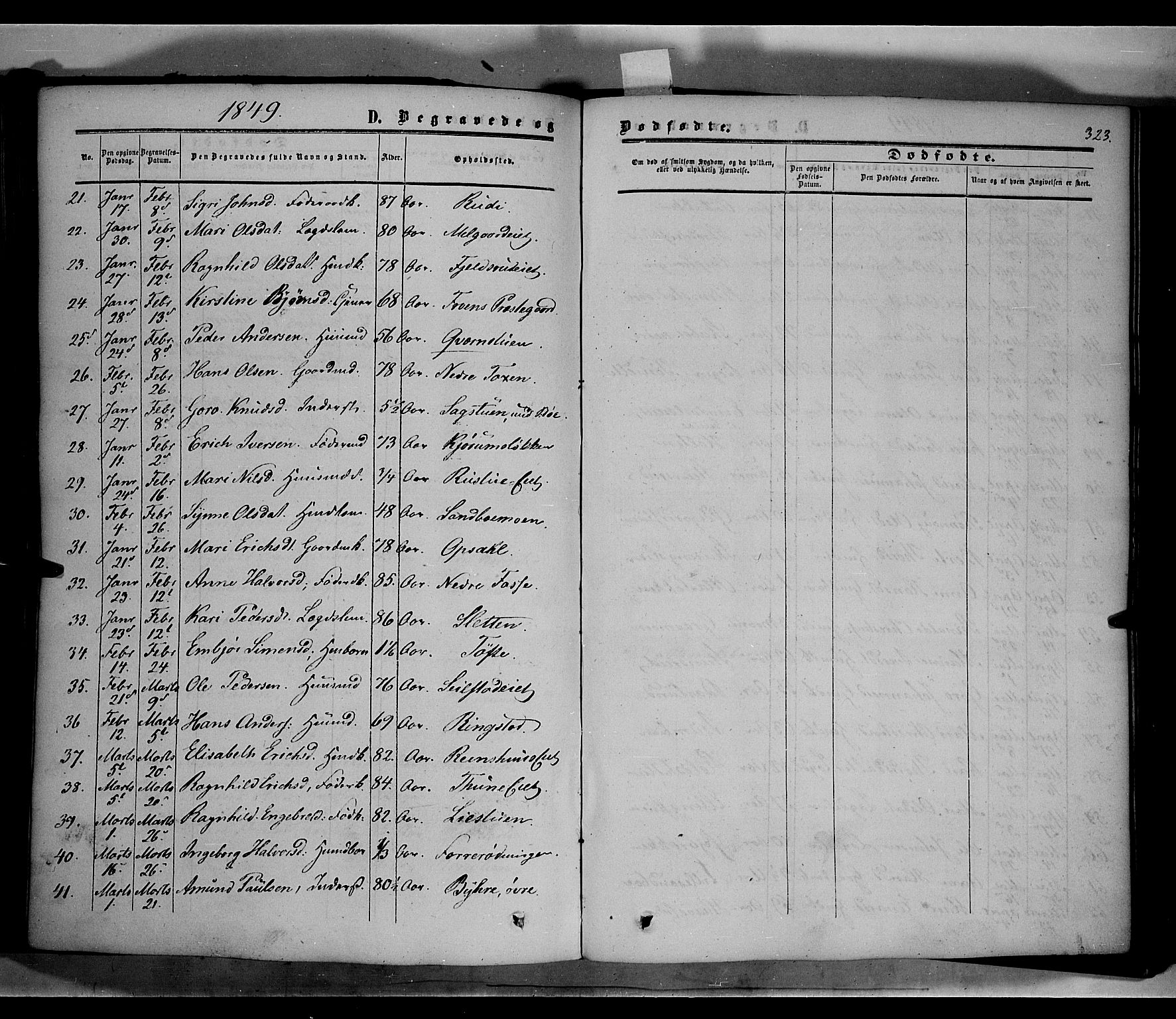 Sør-Fron prestekontor, SAH/PREST-010/H/Ha/Haa/L0001: Parish register (official) no. 1, 1849-1863, p. 323