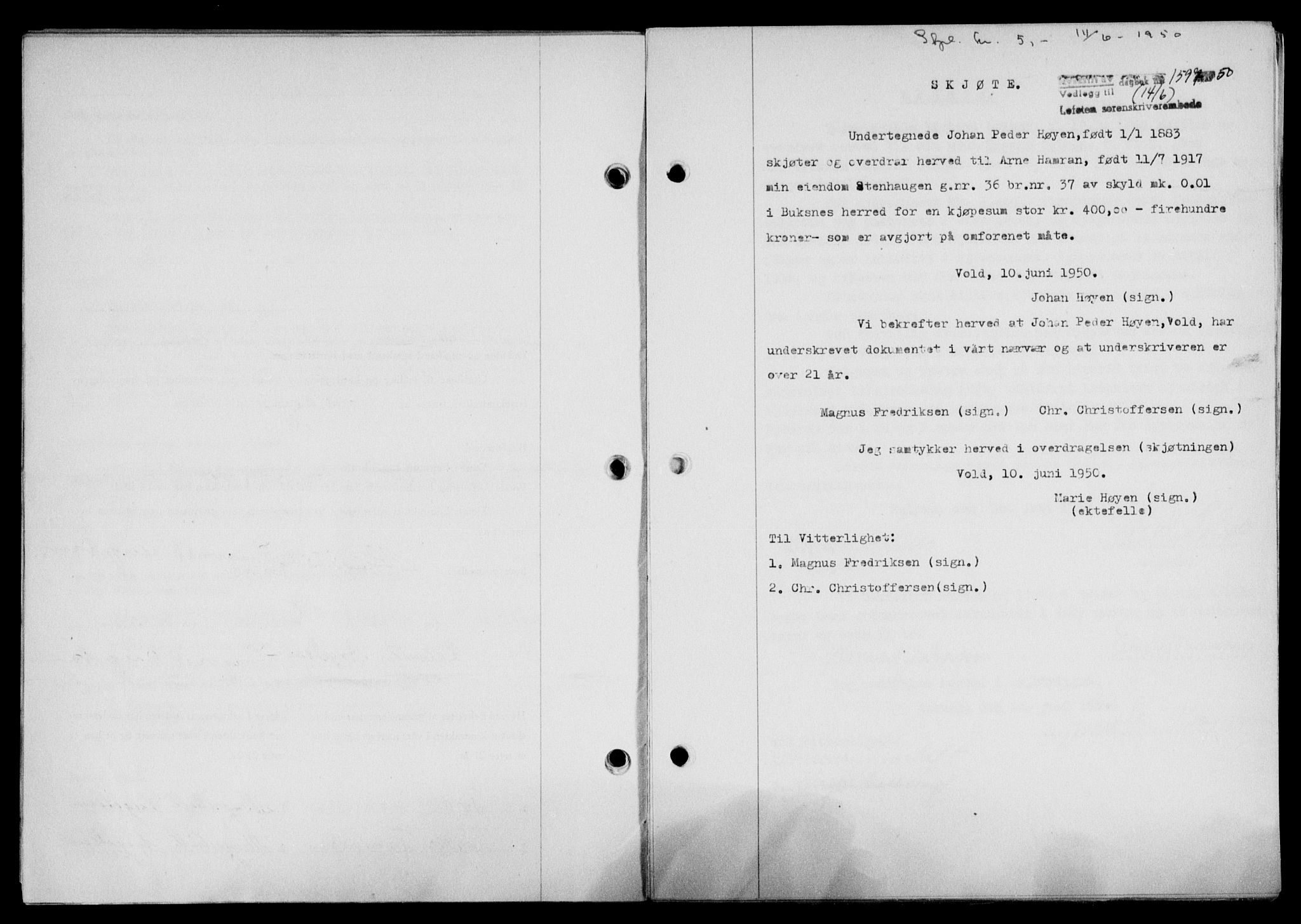 Lofoten sorenskriveri, SAT/A-0017/1/2/2C/L0023a: Mortgage book no. 23a, 1950-1950, Diary no: : 1597/1950