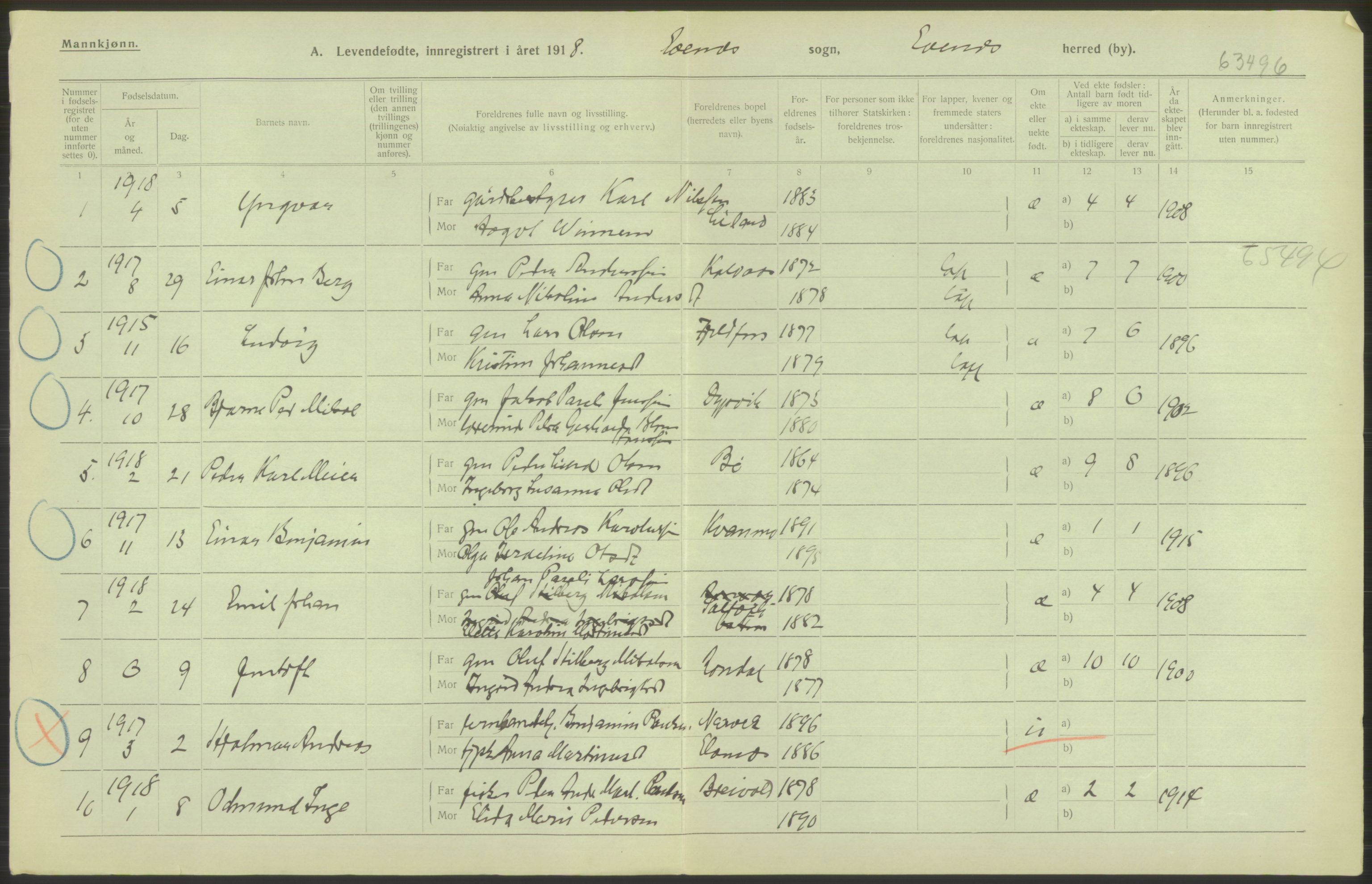 Statistisk sentralbyrå, Sosiodemografiske emner, Befolkning, RA/S-2228/D/Df/Dfb/Dfbh/L0052: Nordland fylke: Levendefødte menn og kvinner. Bygder., 1918, p. 402