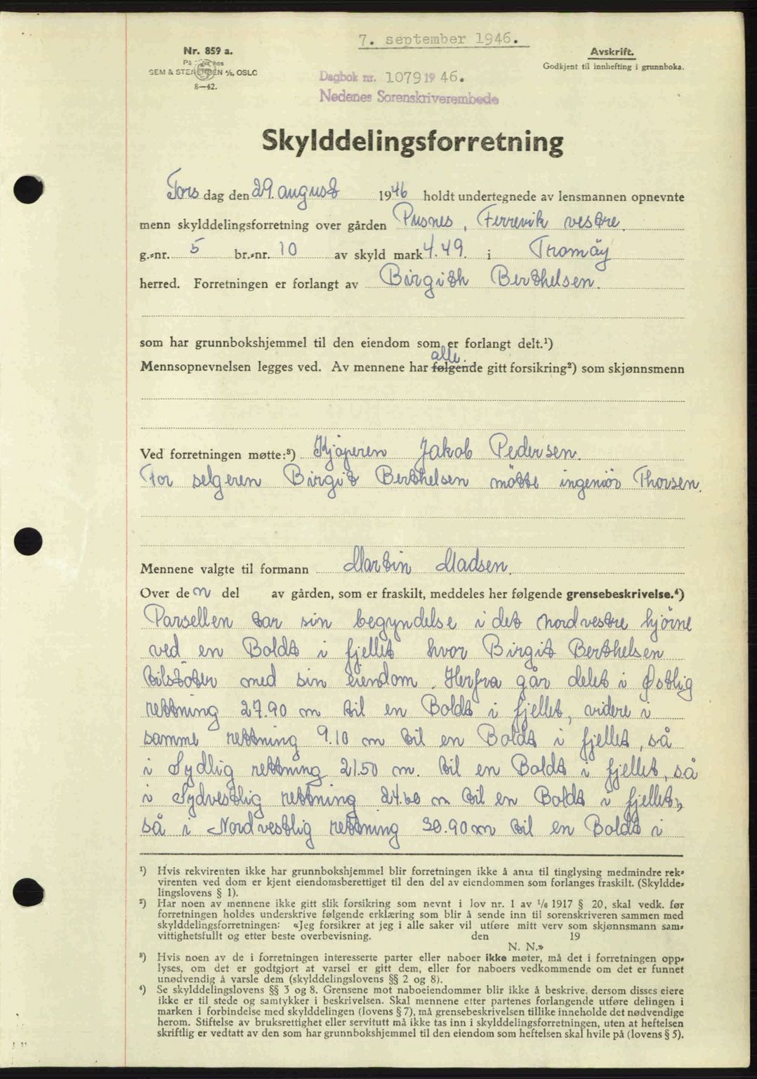 Nedenes sorenskriveri, AV/SAK-1221-0006/G/Gb/Gba/L0056: Mortgage book no. A8, 1946-1947, Diary no: : 1079/1946