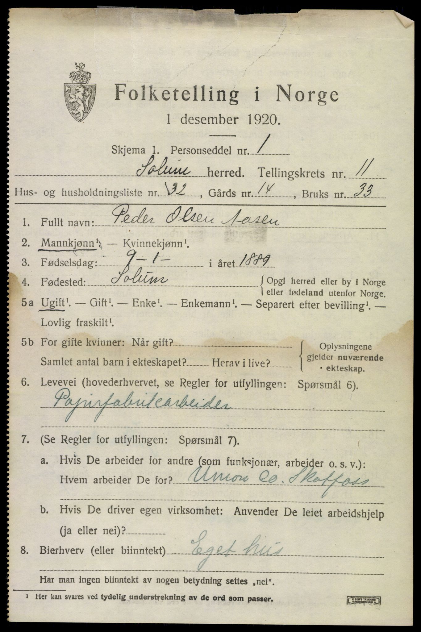 SAKO, 1920 census for Solum, 1920, p. 16166