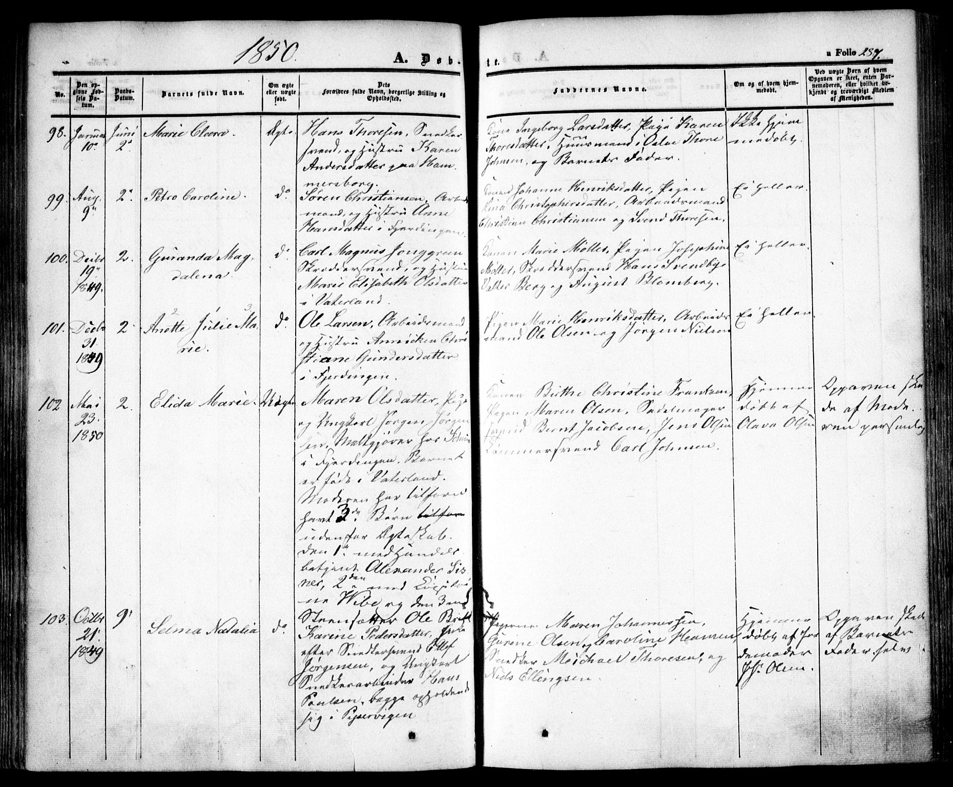 Oslo domkirke Kirkebøker, SAO/A-10752/F/Fa/L0013: Parish register (official) no. 13, 1844-1864, p. 287
