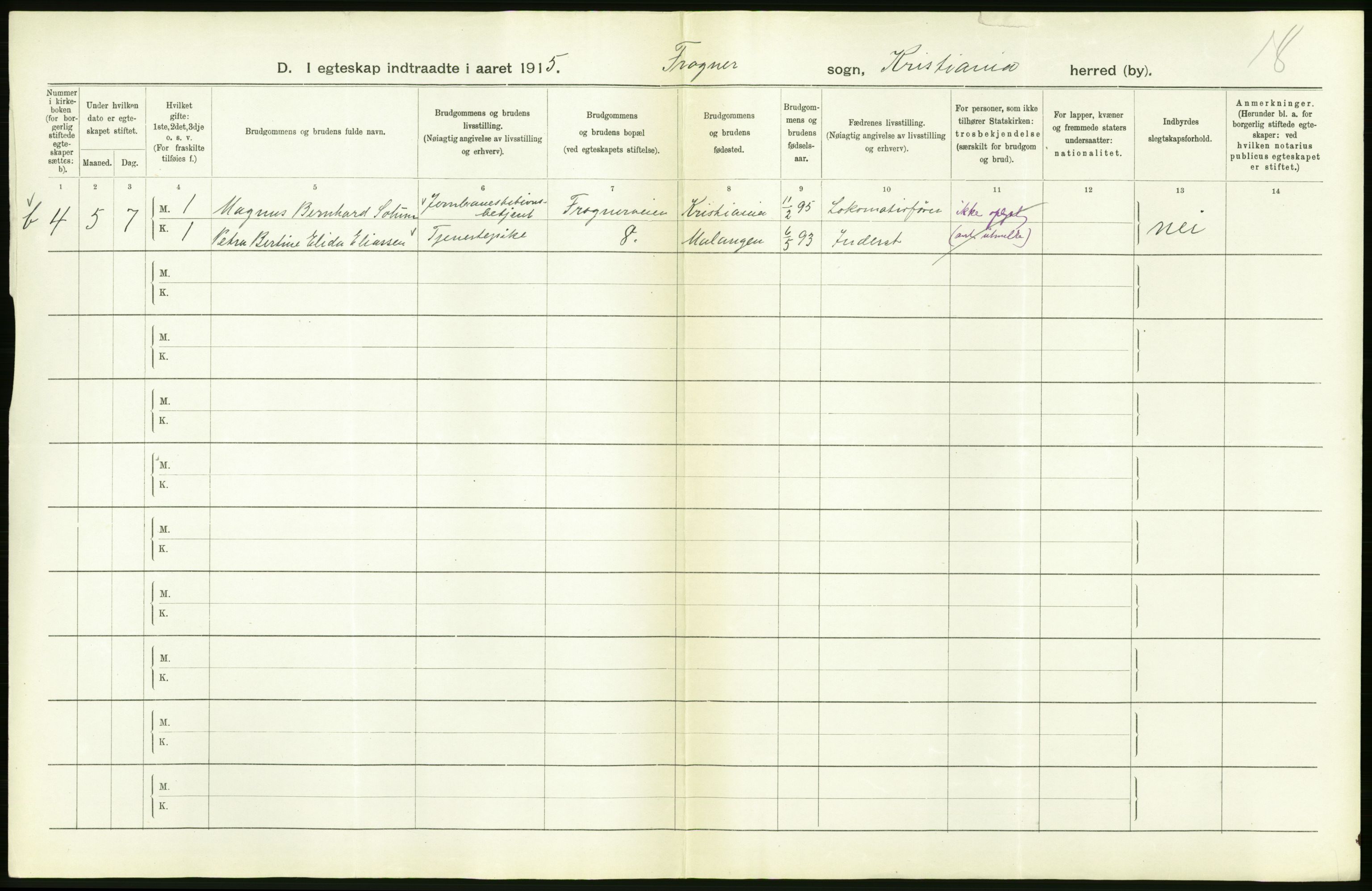 Statistisk sentralbyrå, Sosiodemografiske emner, Befolkning, RA/S-2228/D/Df/Dfb/Dfbe/L0008: Kristiania: Gifte., 1915, p. 250