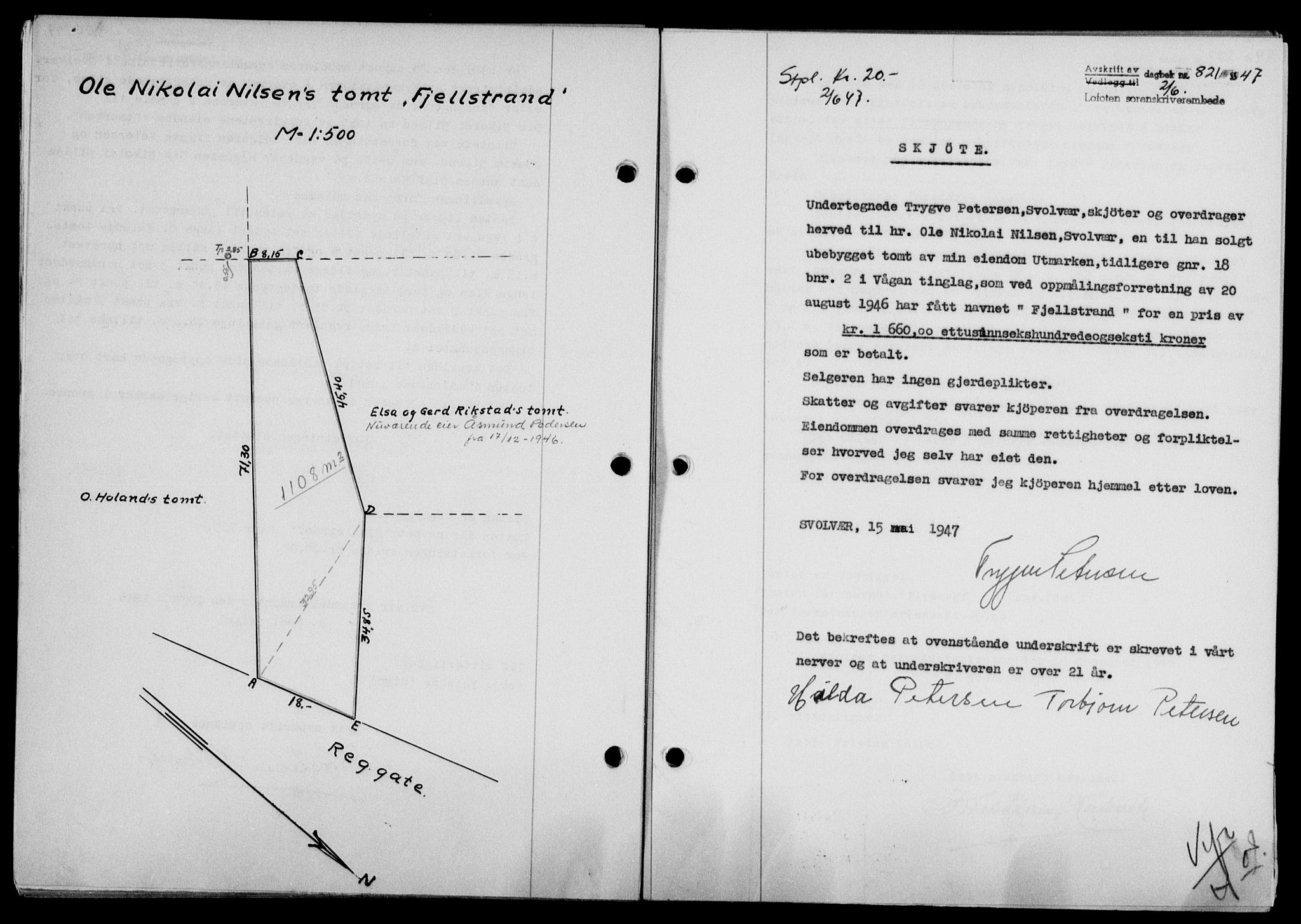 Lofoten sorenskriveri, SAT/A-0017/1/2/2C/L0016a: Mortgage book no. 16a, 1947-1947, Diary no: : 821/1947