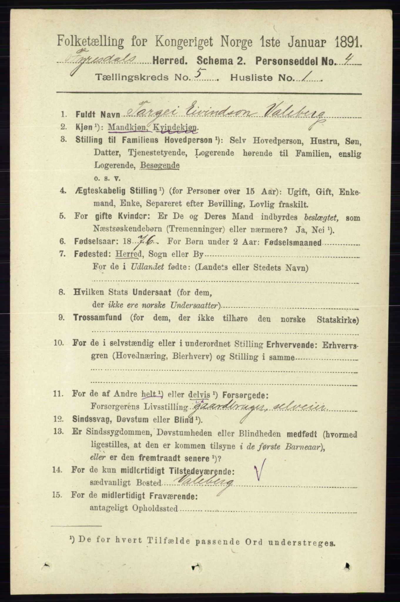 RA, 1891 census for 0831 Fyresdal, 1891, p. 1296