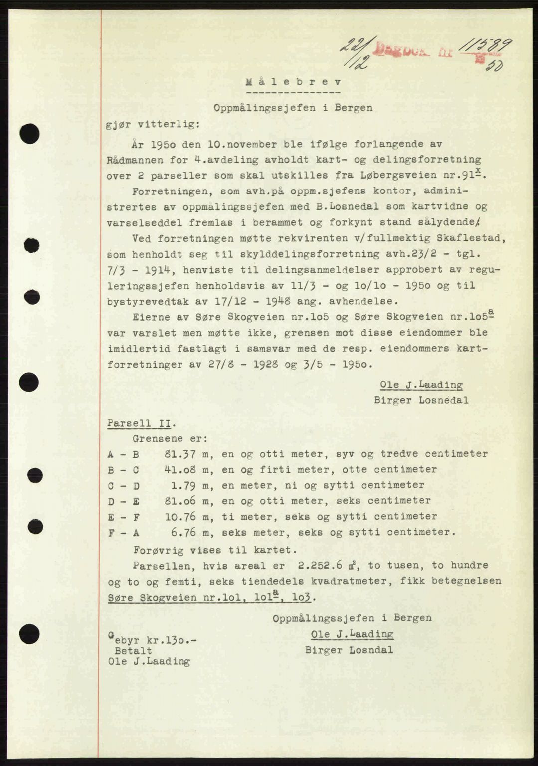 Byfogd og Byskriver i Bergen, AV/SAB-A-3401/03/03Bc/L0034: Mortgage book no. A27-28, 1950-1950, Diary no: : 11589/1950
