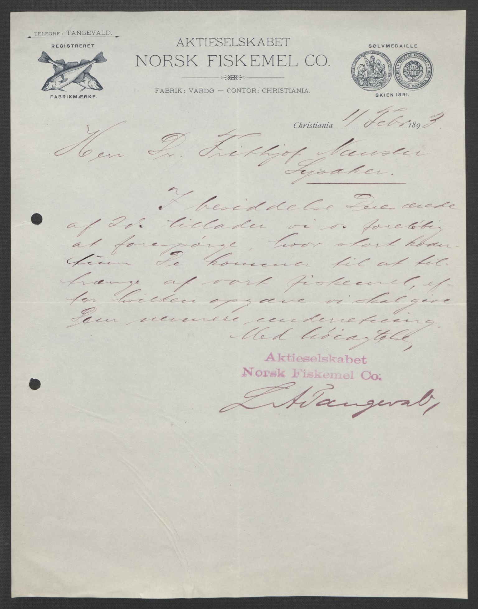 Arbeidskomitéen for Fridtjof Nansens polarekspedisjon, AV/RA-PA-0061/D/L0004: Innk. brev og telegrammer vedr. proviant og utrustning, 1892-1893, p. 171