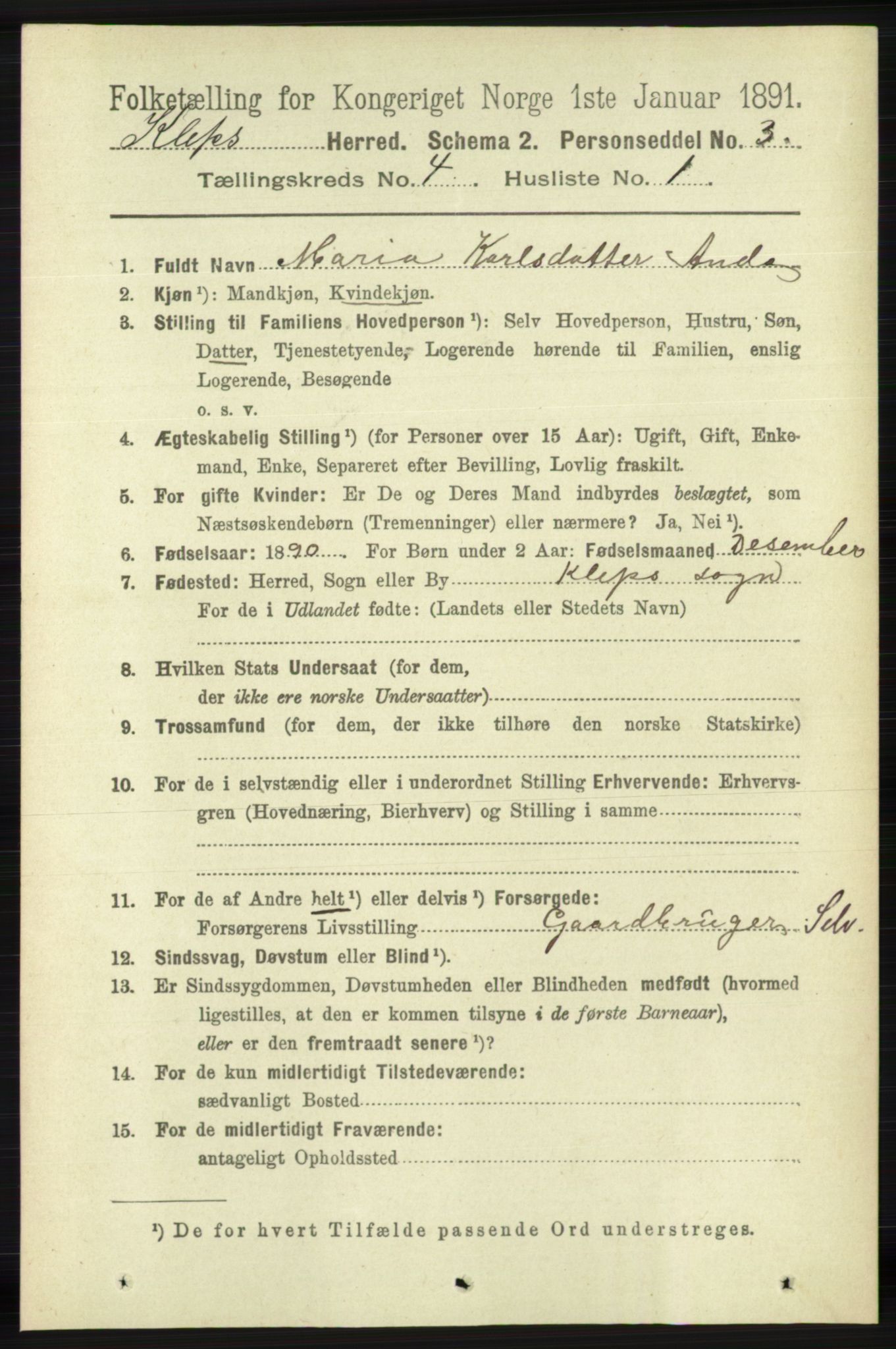 RA, 1891 census for 1120 Klepp, 1891, p. 951