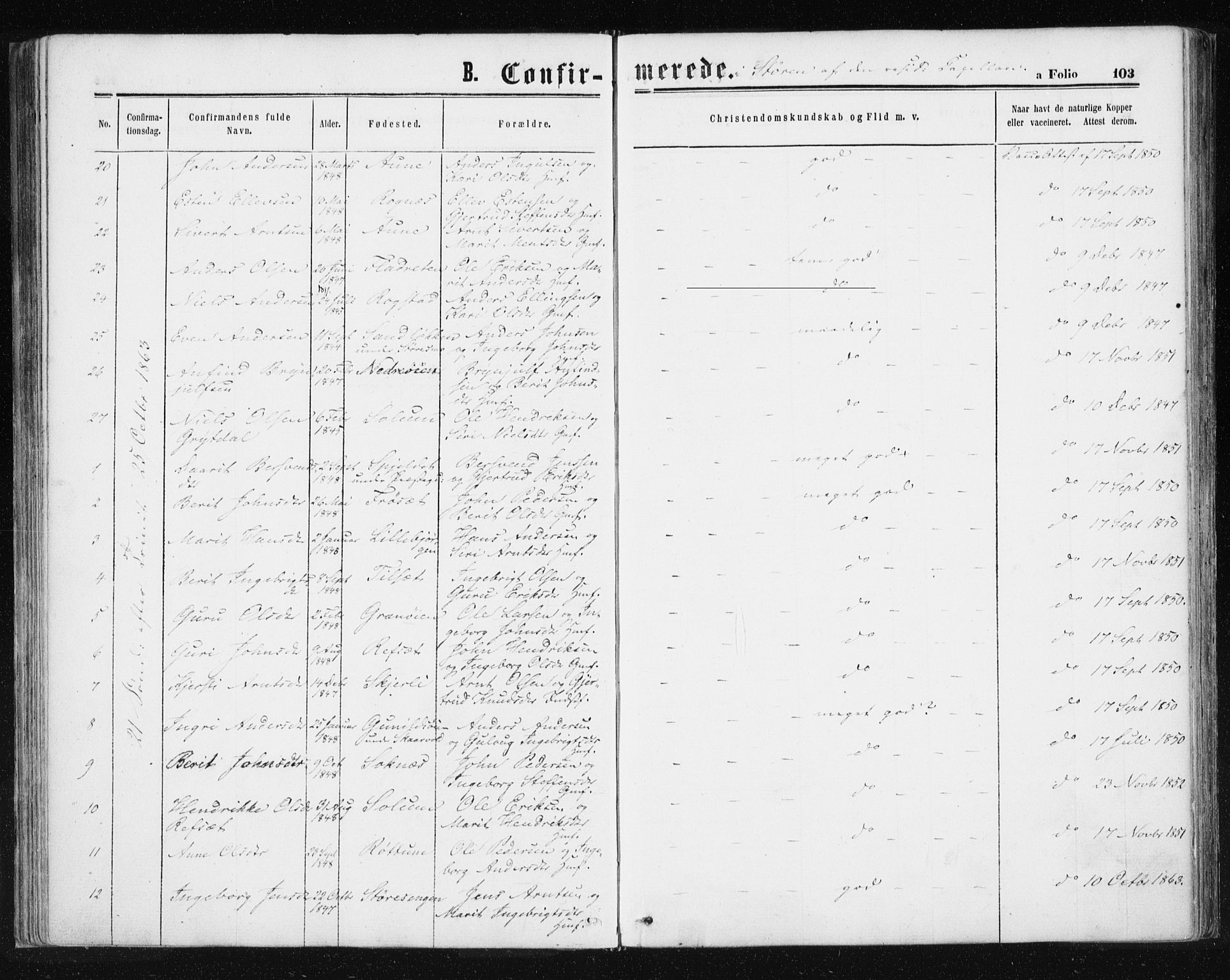 Ministerialprotokoller, klokkerbøker og fødselsregistre - Sør-Trøndelag, SAT/A-1456/687/L1001: Parish register (official) no. 687A07, 1863-1878, p. 103