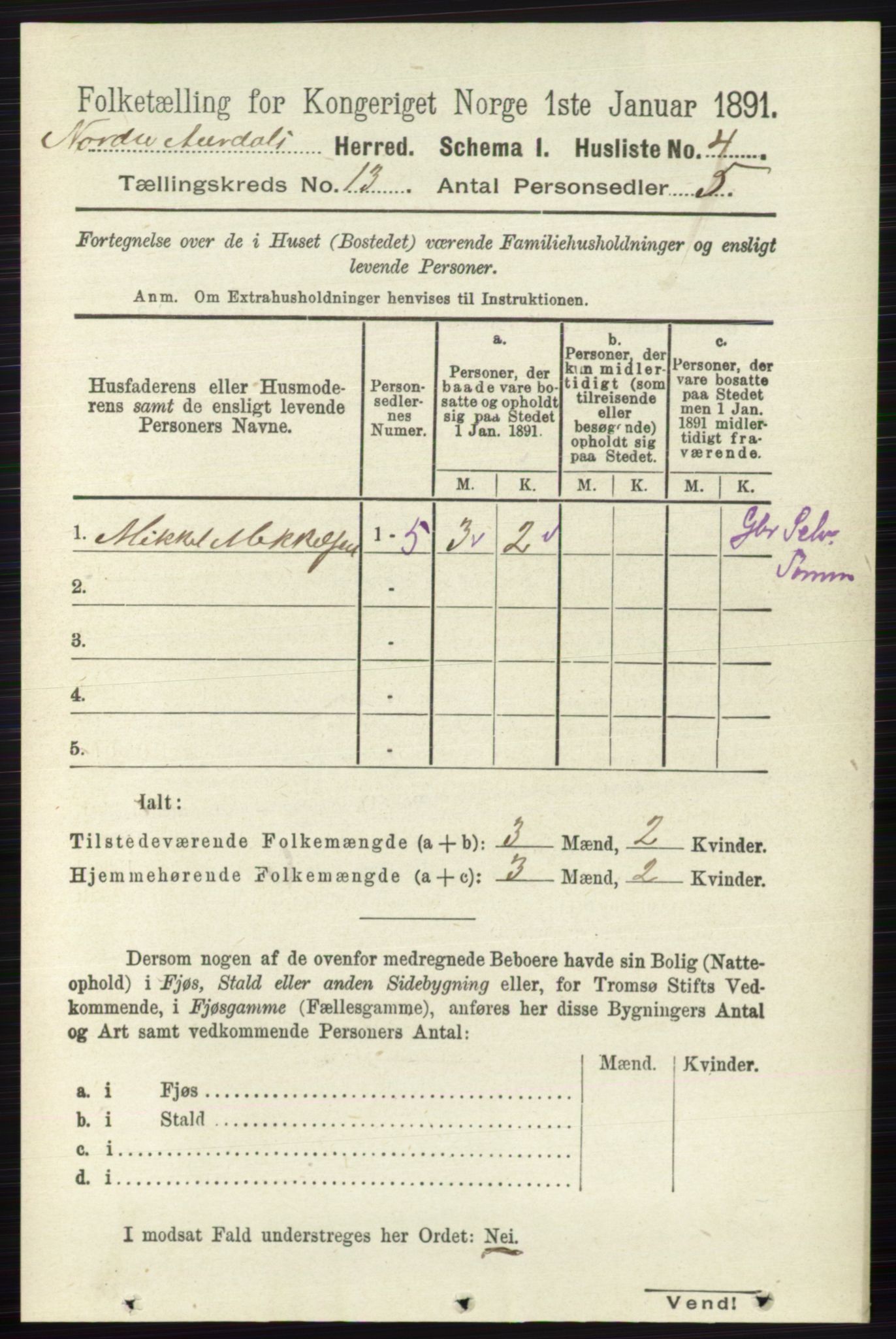 RA, 1891 census for 0542 Nord-Aurdal, 1891, p. 4699