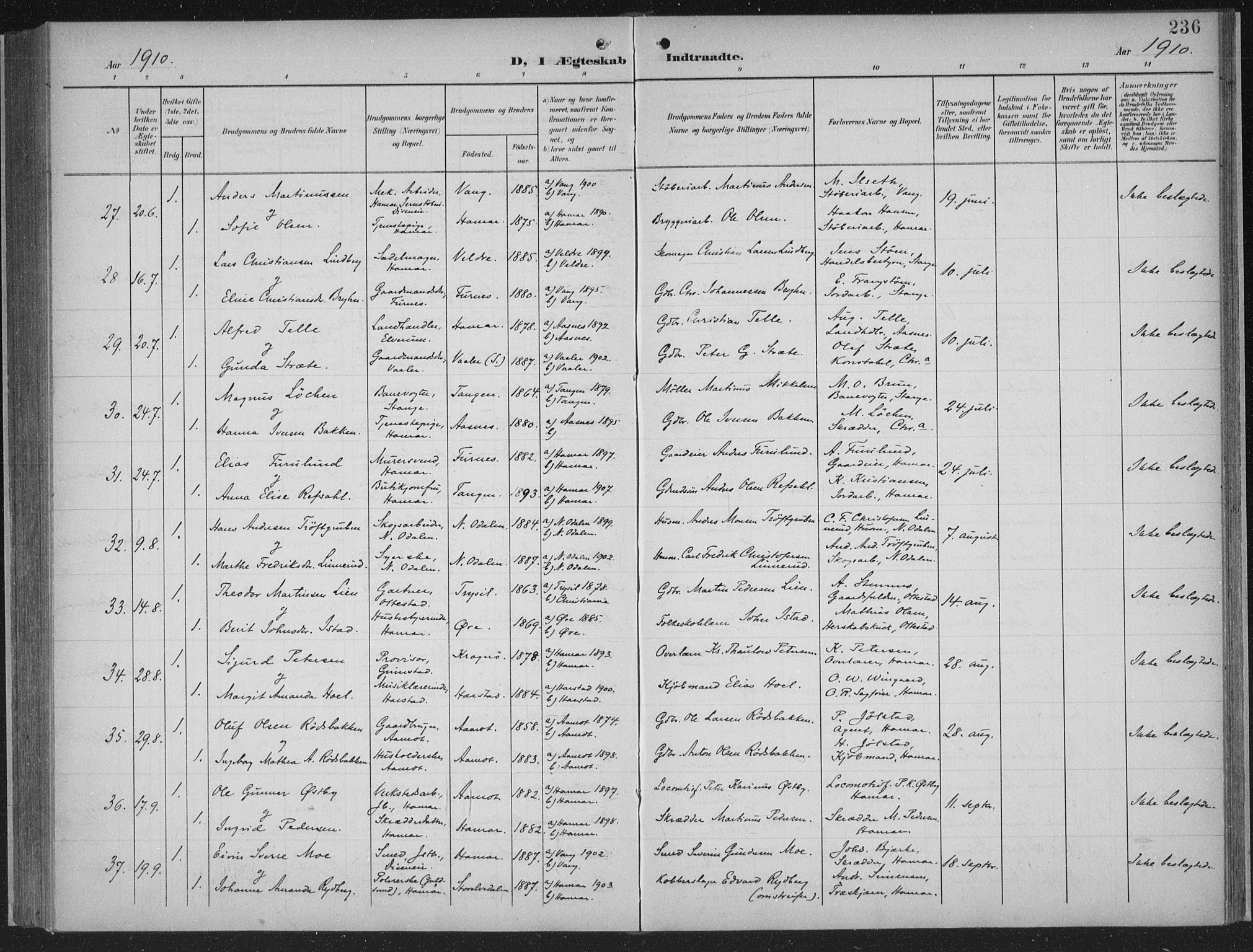 Hamar prestekontor, AV/SAH-DOMPH-002/H/Ha/Haa/L0001: Parish register (official) no. 1, 1900-1914, p. 236