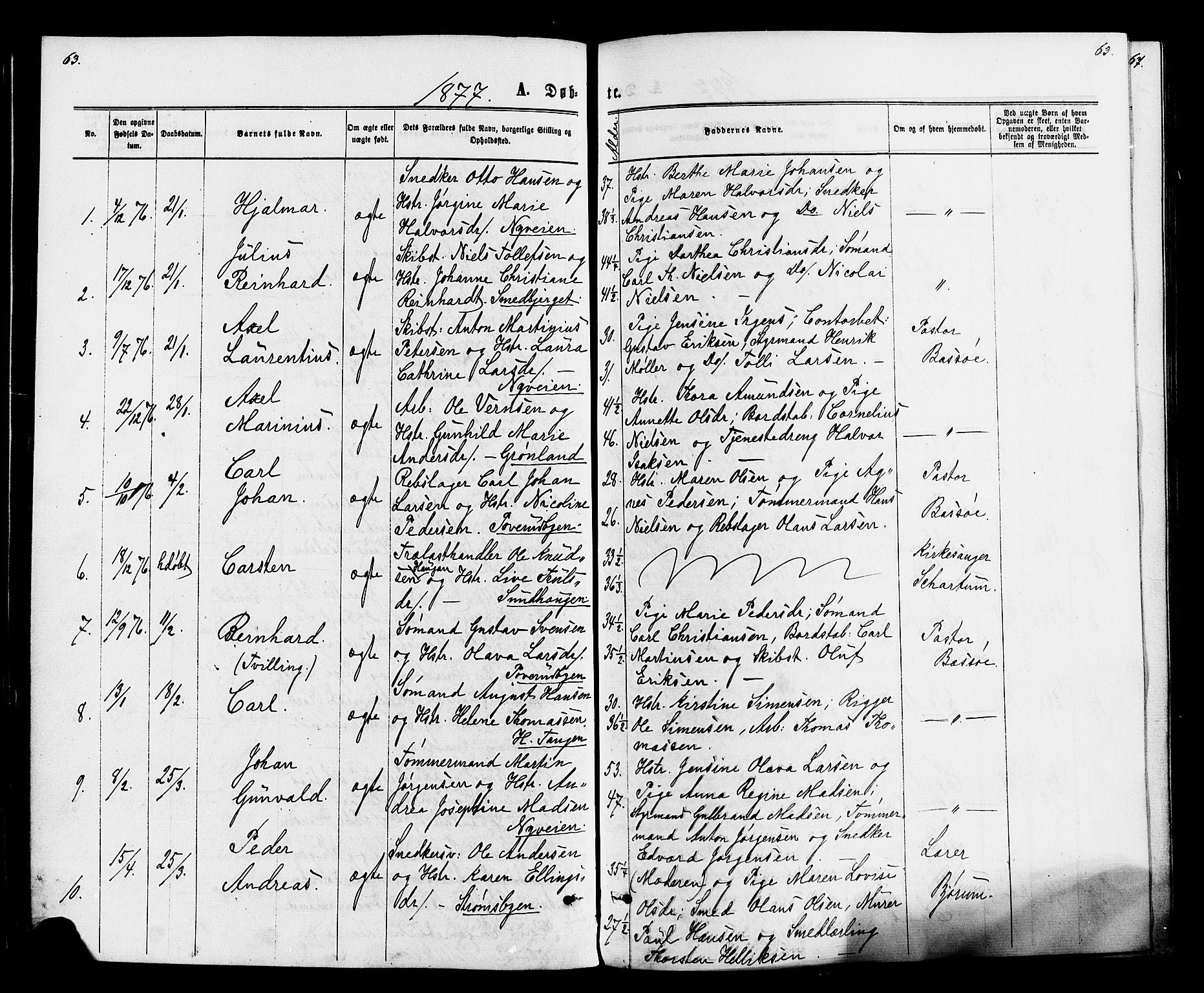 Strømsø kirkebøker, AV/SAKO-A-246/F/Fa/L0020: Parish register (official) no. I 20, 1870-1878, p. 63