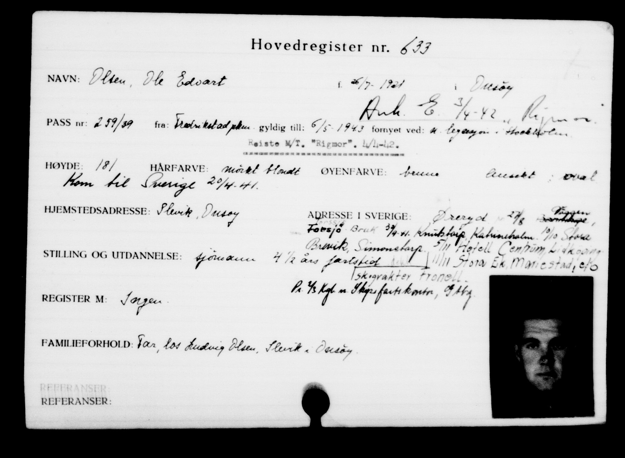 Utenriksstasjonene, Legasjonen i Stockholm, Flyktningkontoret, AV/RA-S-6753/V/Va/L0001: Kjesäterkartoteket, flyktninger med registreringsnr. 1-1000, 1940-1945, p. 989