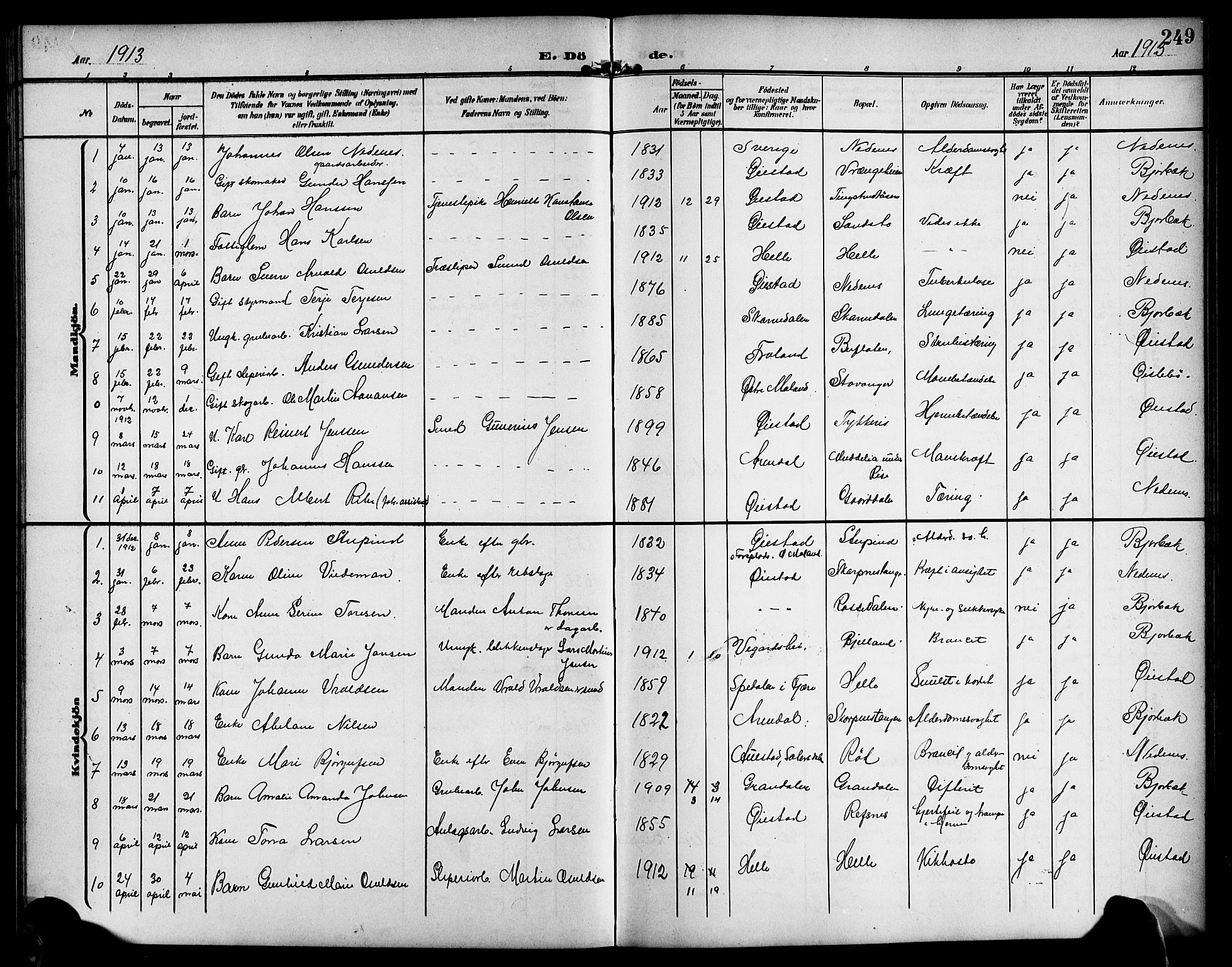 Øyestad sokneprestkontor, AV/SAK-1111-0049/F/Fb/L0011: Parish register (copy) no. B 11, 1906-1918, p. 249