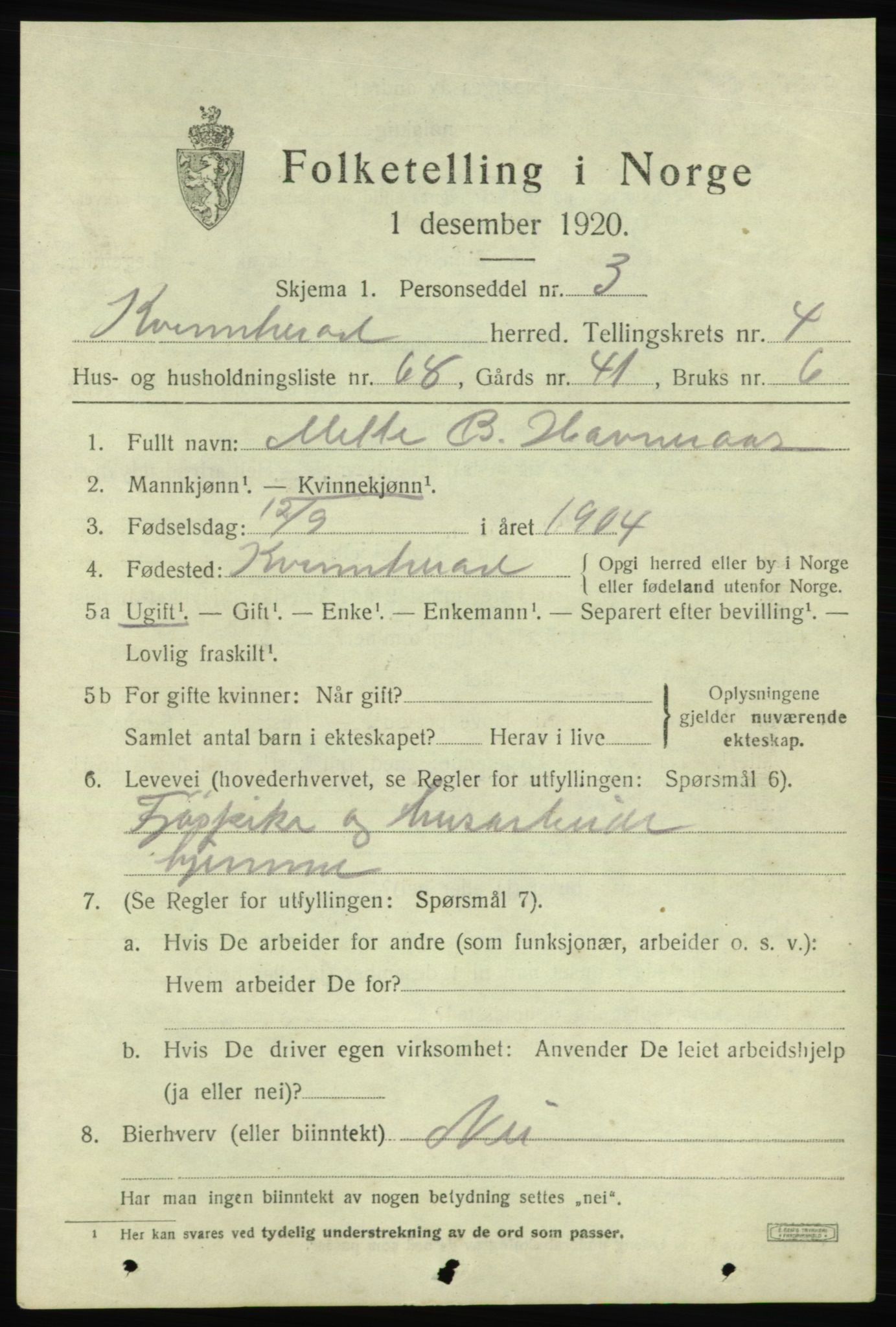 SAB, 1920 census for Kvinnherad, 1920, p. 5968