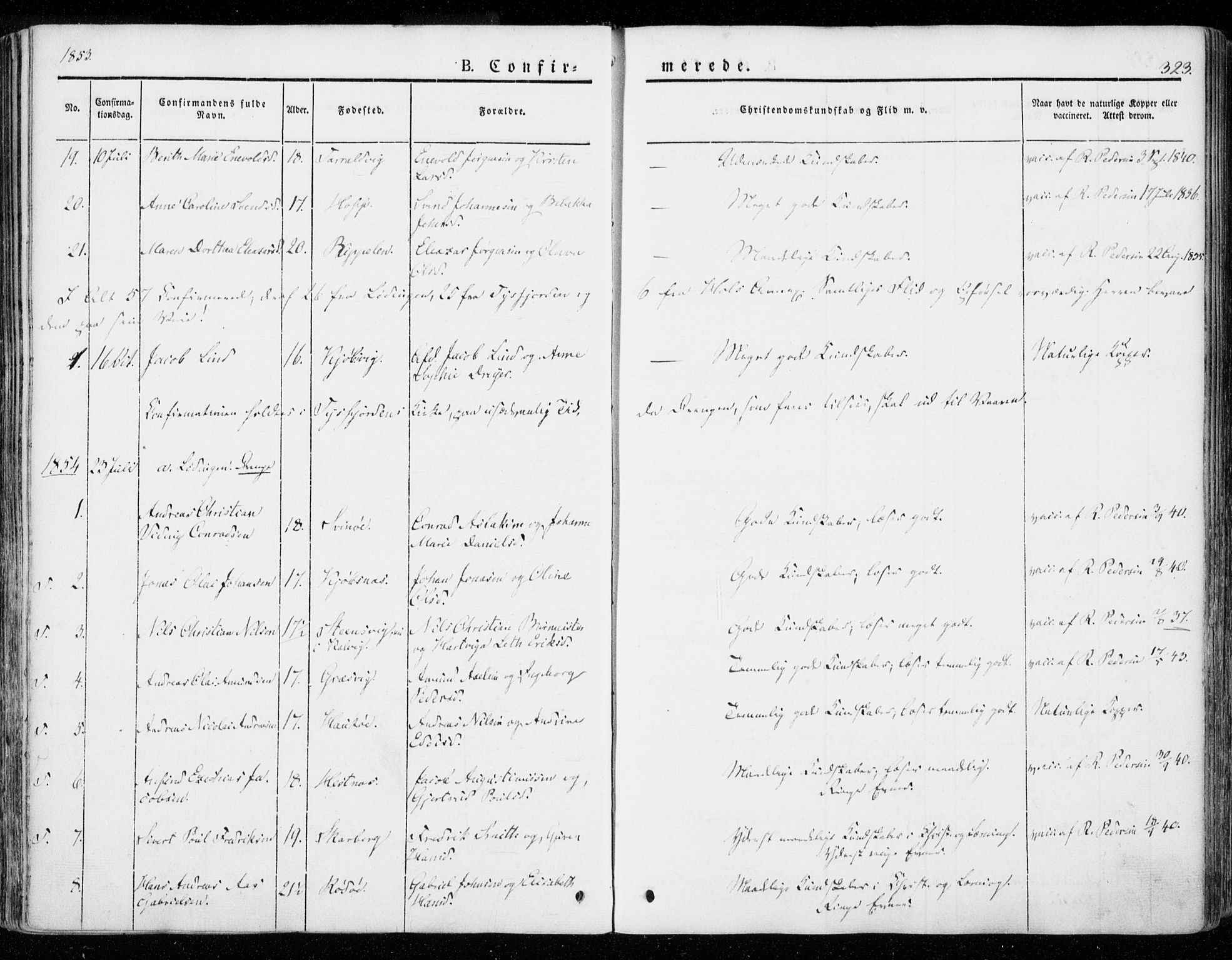 Ministerialprotokoller, klokkerbøker og fødselsregistre - Nordland, SAT/A-1459/872/L1033: Parish register (official) no. 872A08, 1840-1863, p. 323