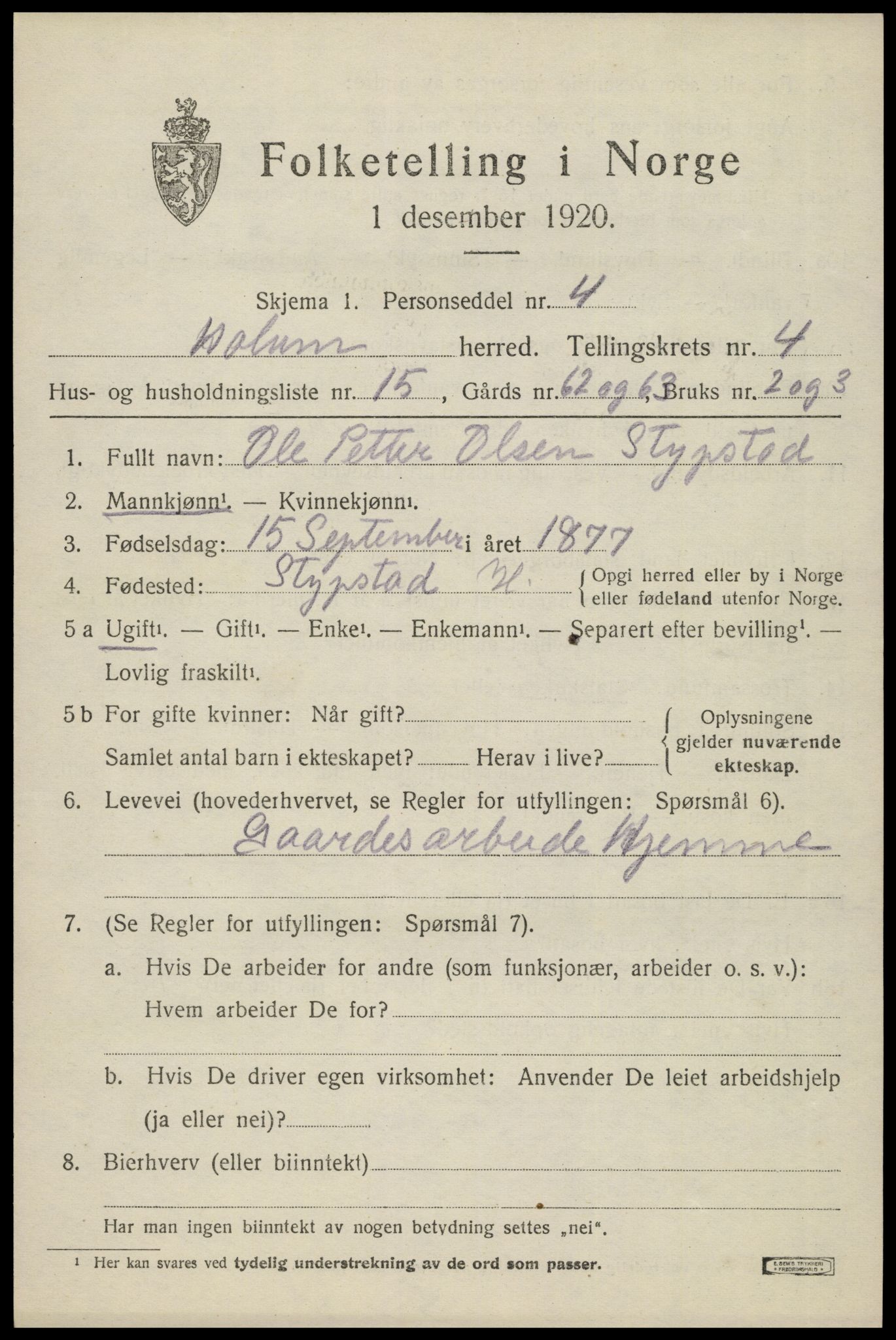 SAK, 1920 census for Holum, 1920, p. 2085