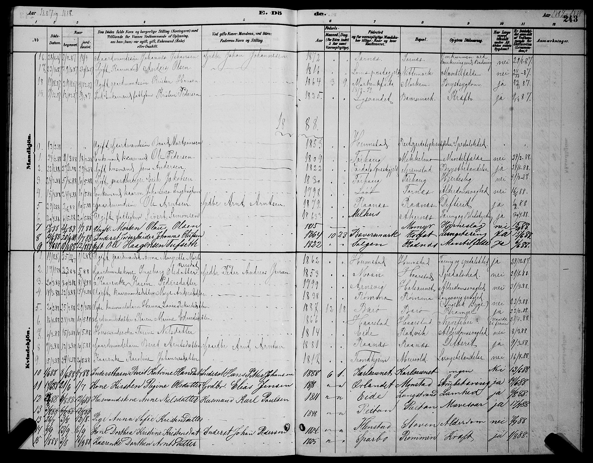 Ministerialprotokoller, klokkerbøker og fødselsregistre - Sør-Trøndelag, SAT/A-1456/655/L0687: Parish register (copy) no. 655C03, 1880-1898, p. 243