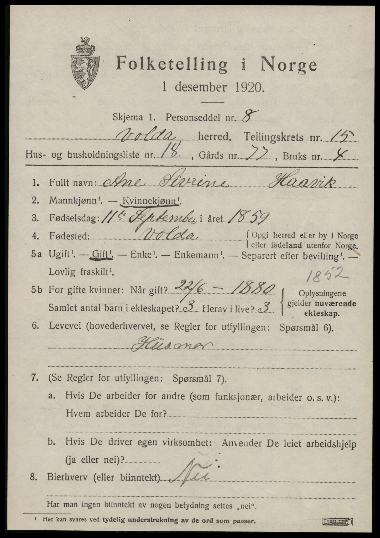 SAT, 1920 census for Volda, 1920, p. 9200