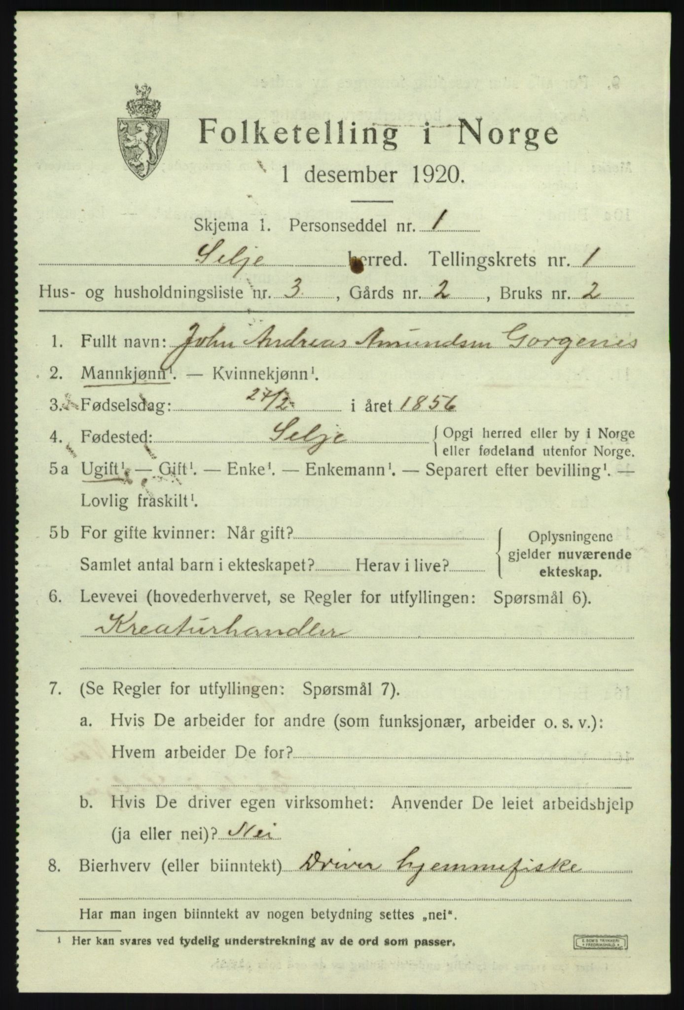 SAB, 1920 census for Selje, 1920, p. 1227