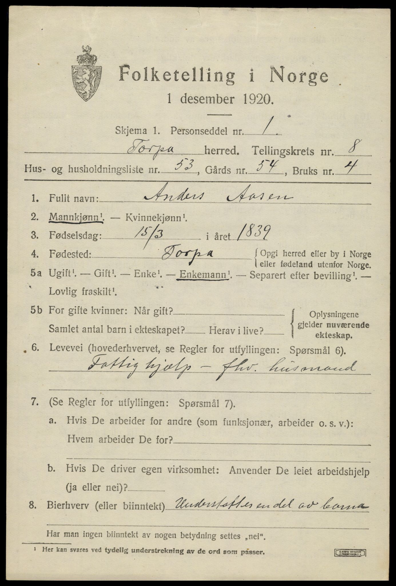 SAH, 1920 census for Torpa, 1920, p. 5229