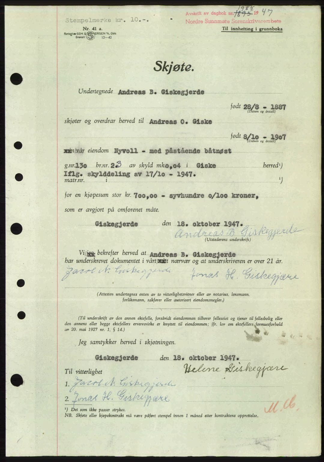 Nordre Sunnmøre sorenskriveri, AV/SAT-A-0006/1/2/2C/2Ca: Mortgage book no. A26, 1947-1948, Diary no: : 1985/1947