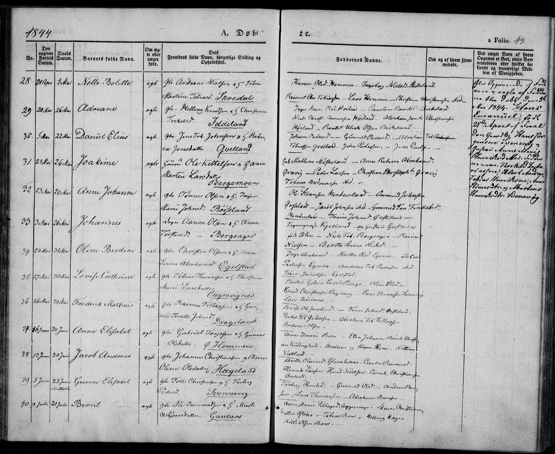 Lyngdal sokneprestkontor, AV/SAK-1111-0029/F/Fa/Fac/L0008: Parish register (official) no. A 8, 1837-1852, p. 43