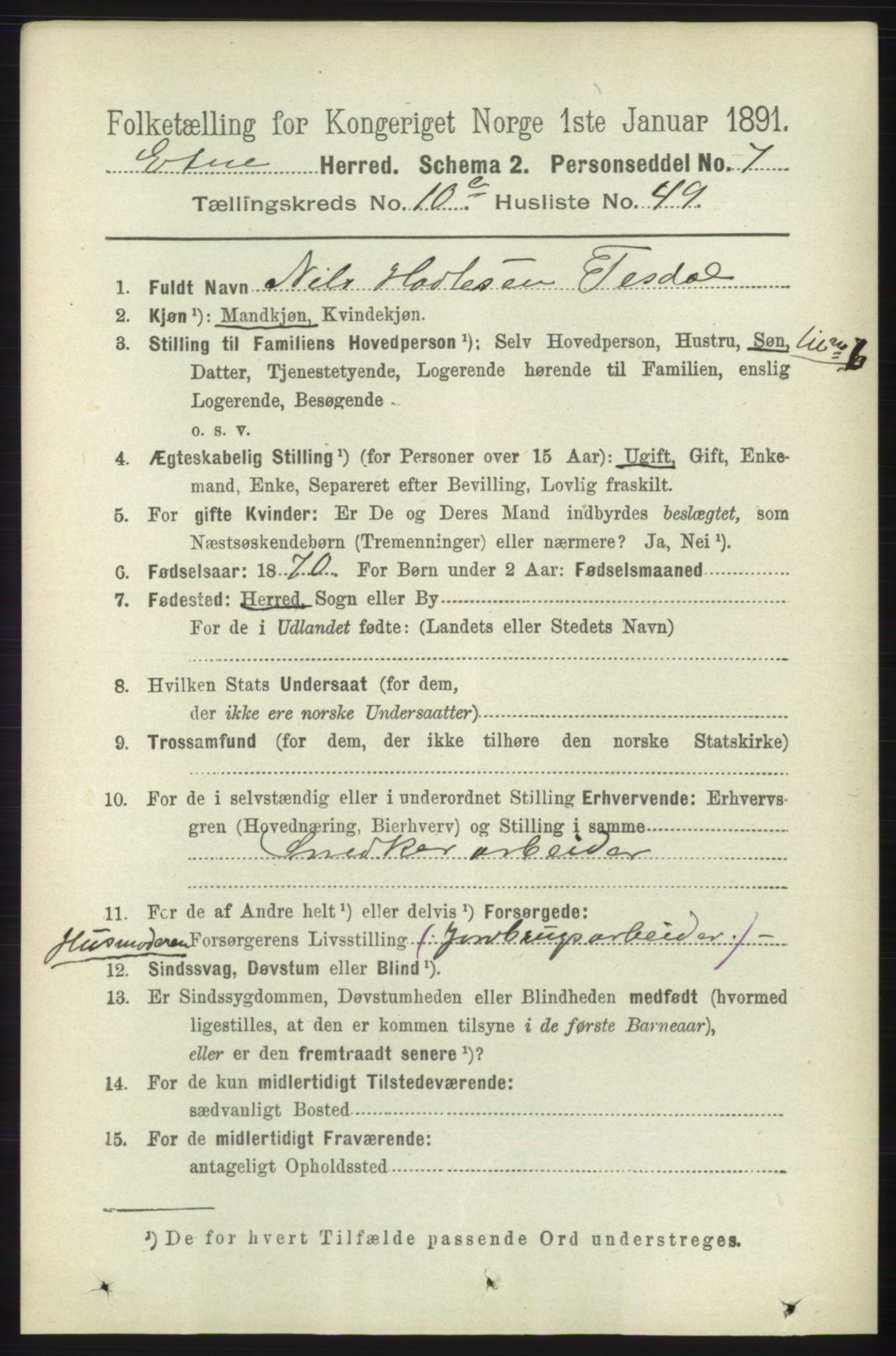 RA, 1891 census for 1211 Etne, 1891, p. 2198