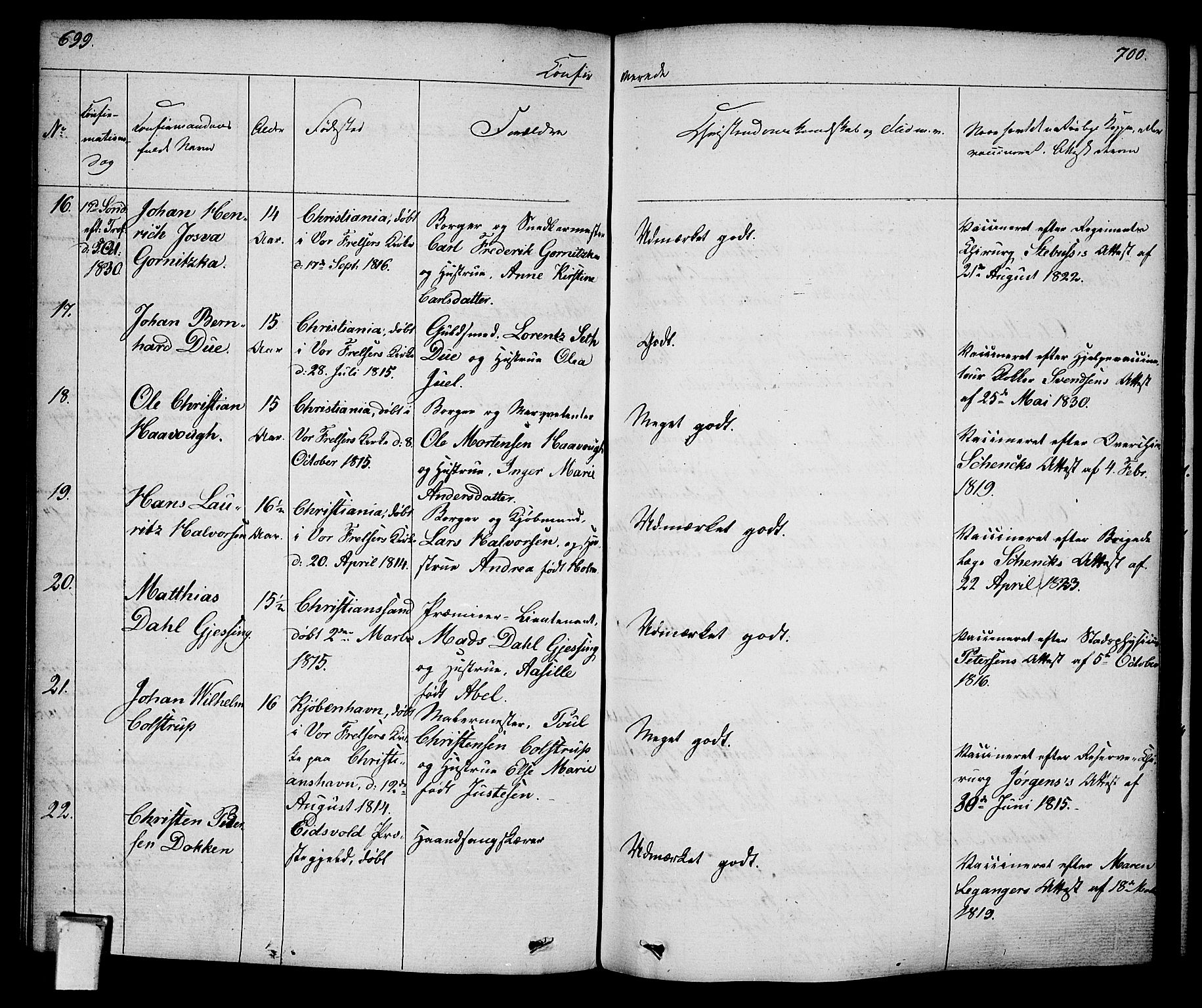 Oslo domkirke Kirkebøker, SAO/A-10752/F/Fa/L0011: Parish register (official) no. 11, 1830-1836, p. 699-700