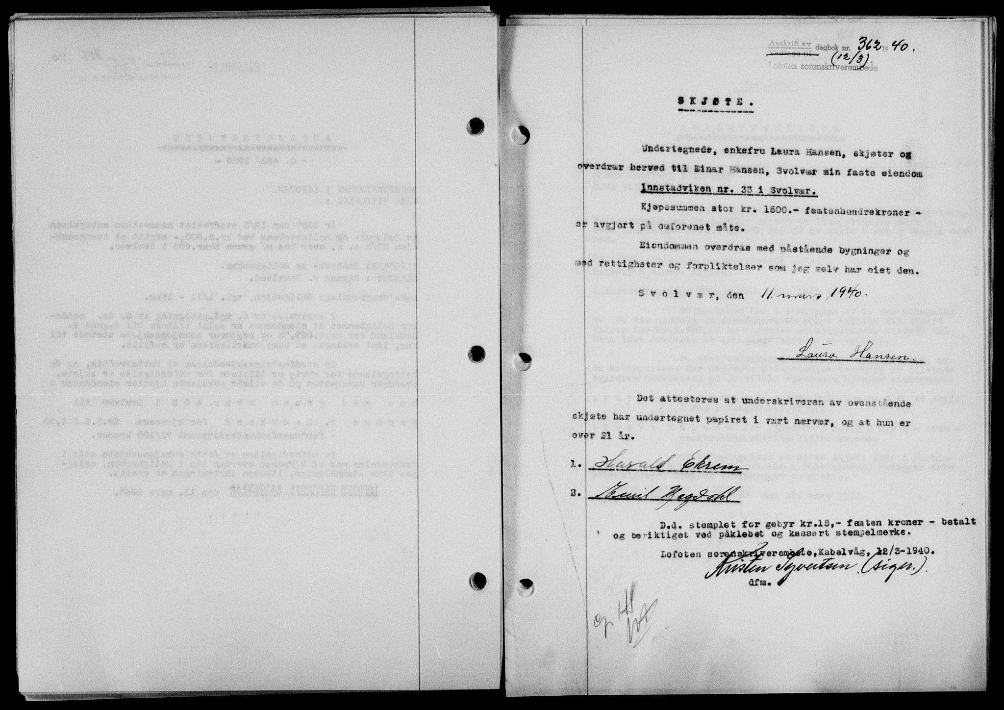 Lofoten sorenskriveri, SAT/A-0017/1/2/2C/L0007a: Mortgage book no. 7a, 1939-1940, Diary no: : 362/1940