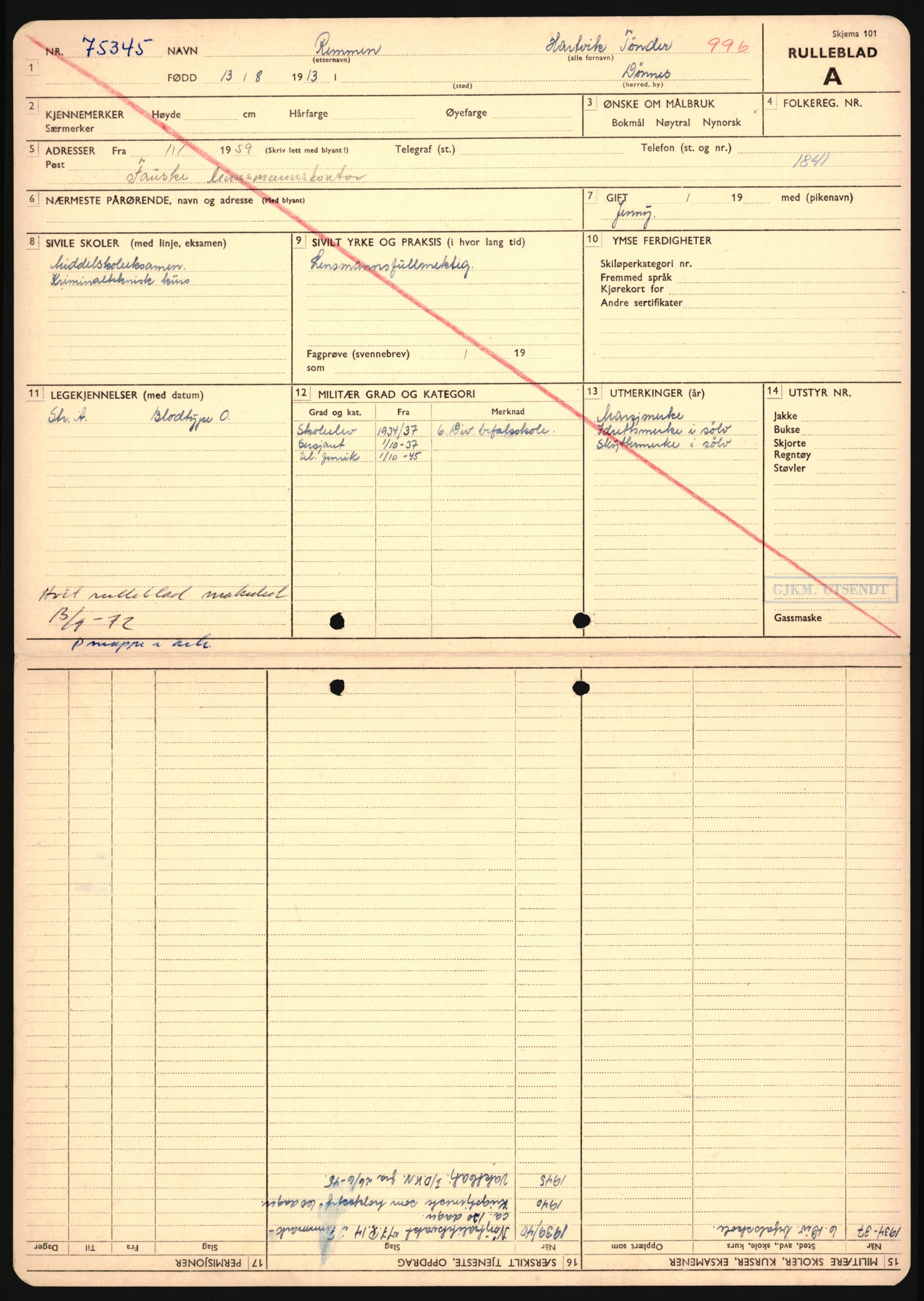 Forsvaret, Sør-Hålogaland landforsvar, AV/RA-RAFA-2552/P/Pa/L0302: Personellmapper for slettet personell, yrkesbefal og vernepliktig befal, født 1913-1916, 1932-1976, p. 139