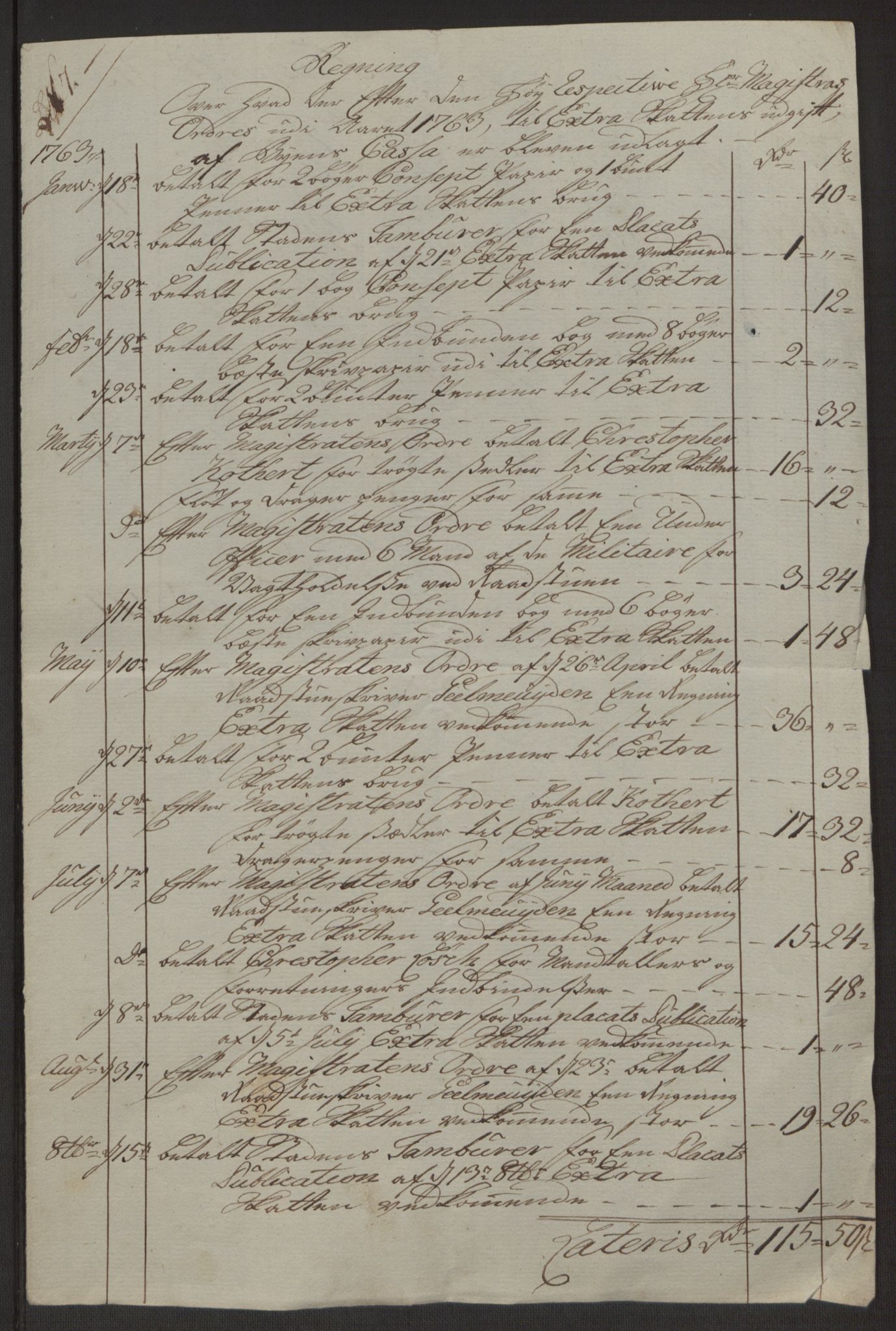 Rentekammeret inntil 1814, Reviderte regnskaper, Byregnskaper, AV/RA-EA-4066/R/Rp/L0366/0001: [P20] Kontribusjonsregnskap / Ekstraskatt, 1763, p. 40