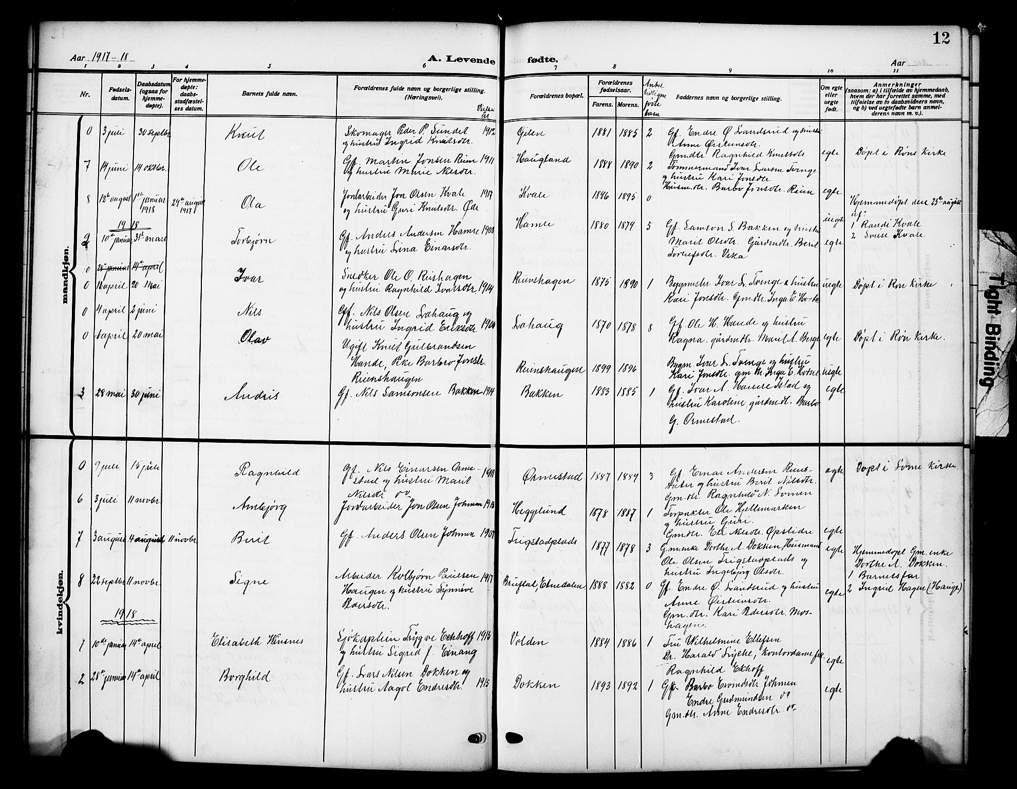 Vestre Slidre prestekontor, AV/SAH-PREST-136/H/Ha/Hab/L0007: Parish register (copy) no. 7, 1909-1930, p. 12