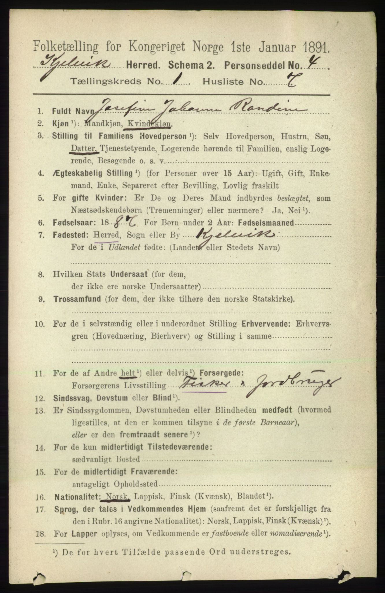 RA, 1891 census for 2019 Kjelvik, 1891, p. 72