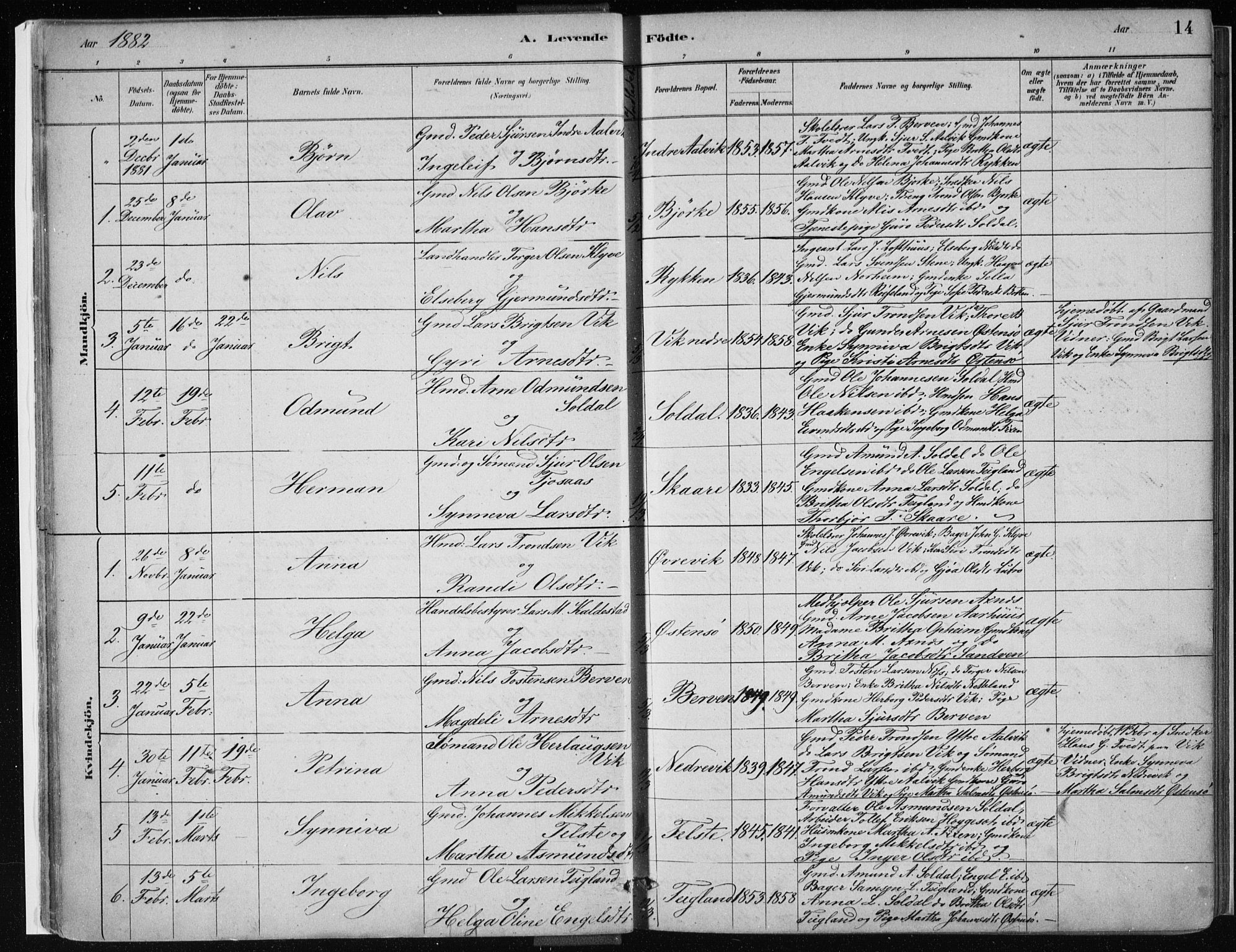 Kvam sokneprestembete, SAB/A-76201/H/Haa: Parish register (official) no. C  1, 1880-1906, p. 14