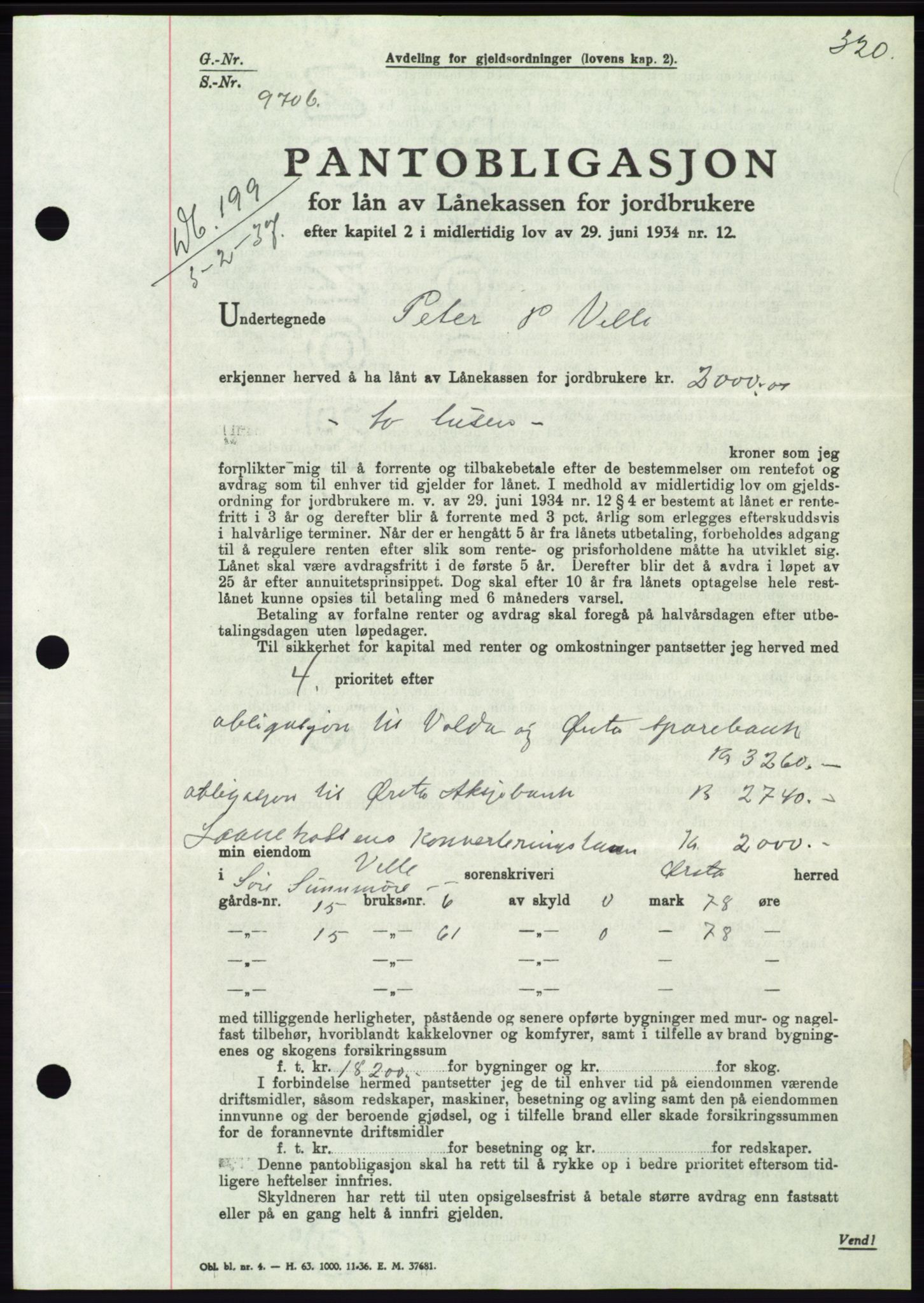 Søre Sunnmøre sorenskriveri, AV/SAT-A-4122/1/2/2C/L0062: Mortgage book no. 56, 1936-1937, Diary no: : 199/1937