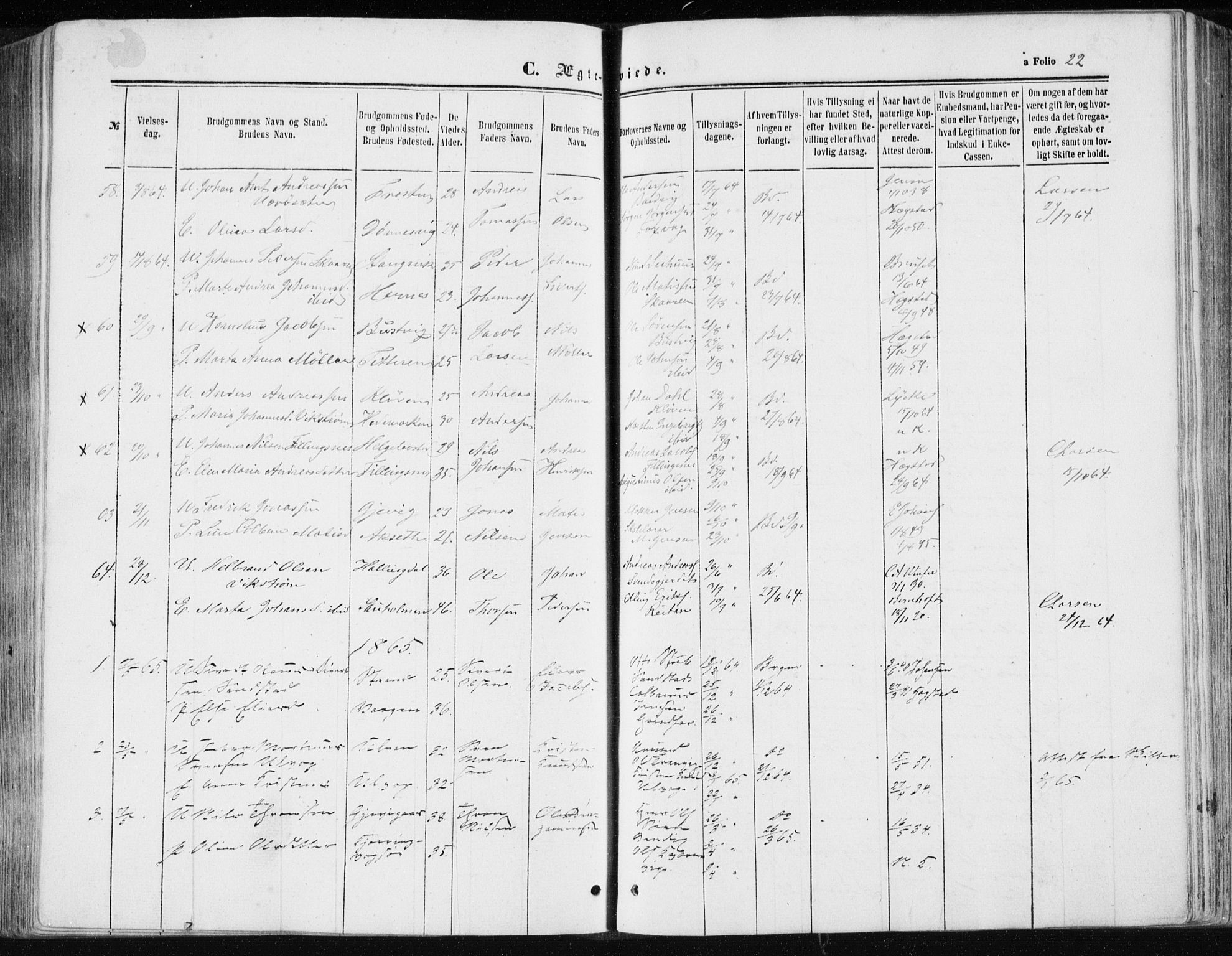 Ministerialprotokoller, klokkerbøker og fødselsregistre - Sør-Trøndelag, AV/SAT-A-1456/634/L0531: Parish register (official) no. 634A07, 1861-1870, p. 22
